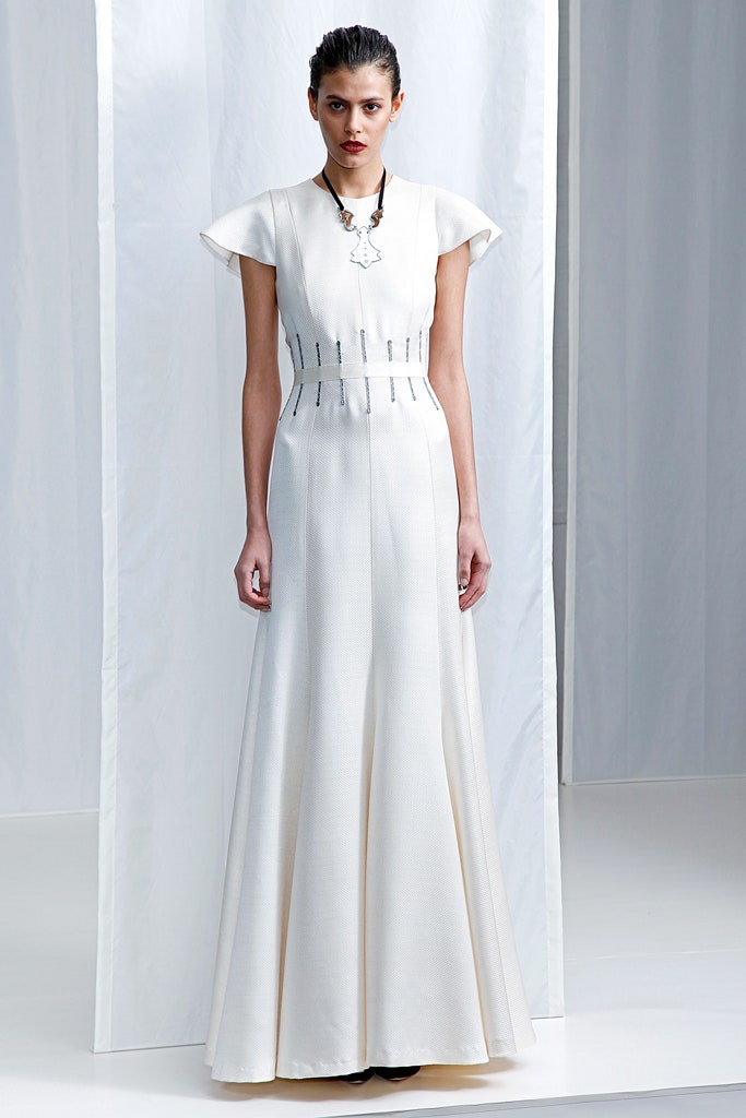ivory belted cap-sleeve gown