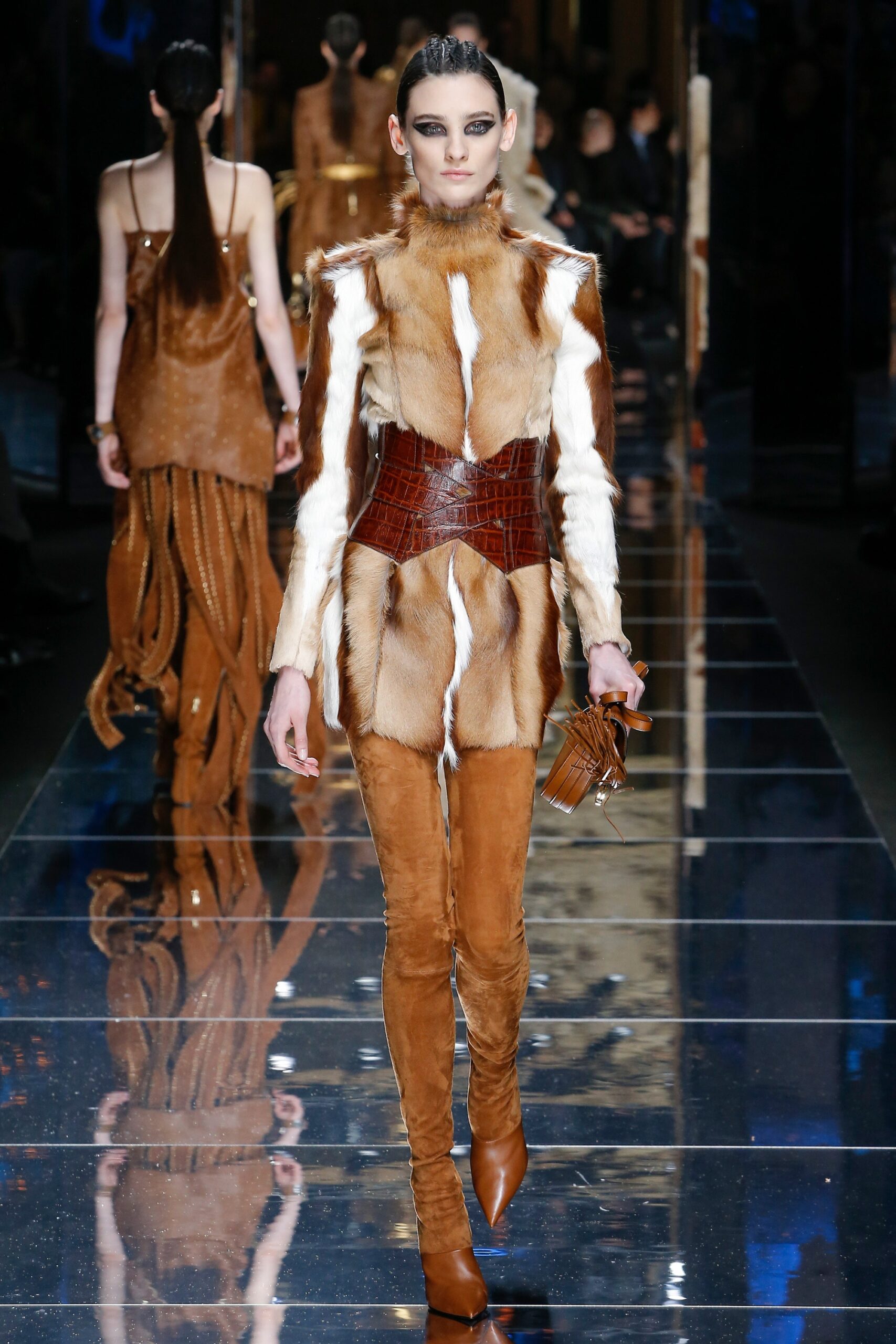 brown fur jacket with fitted pants