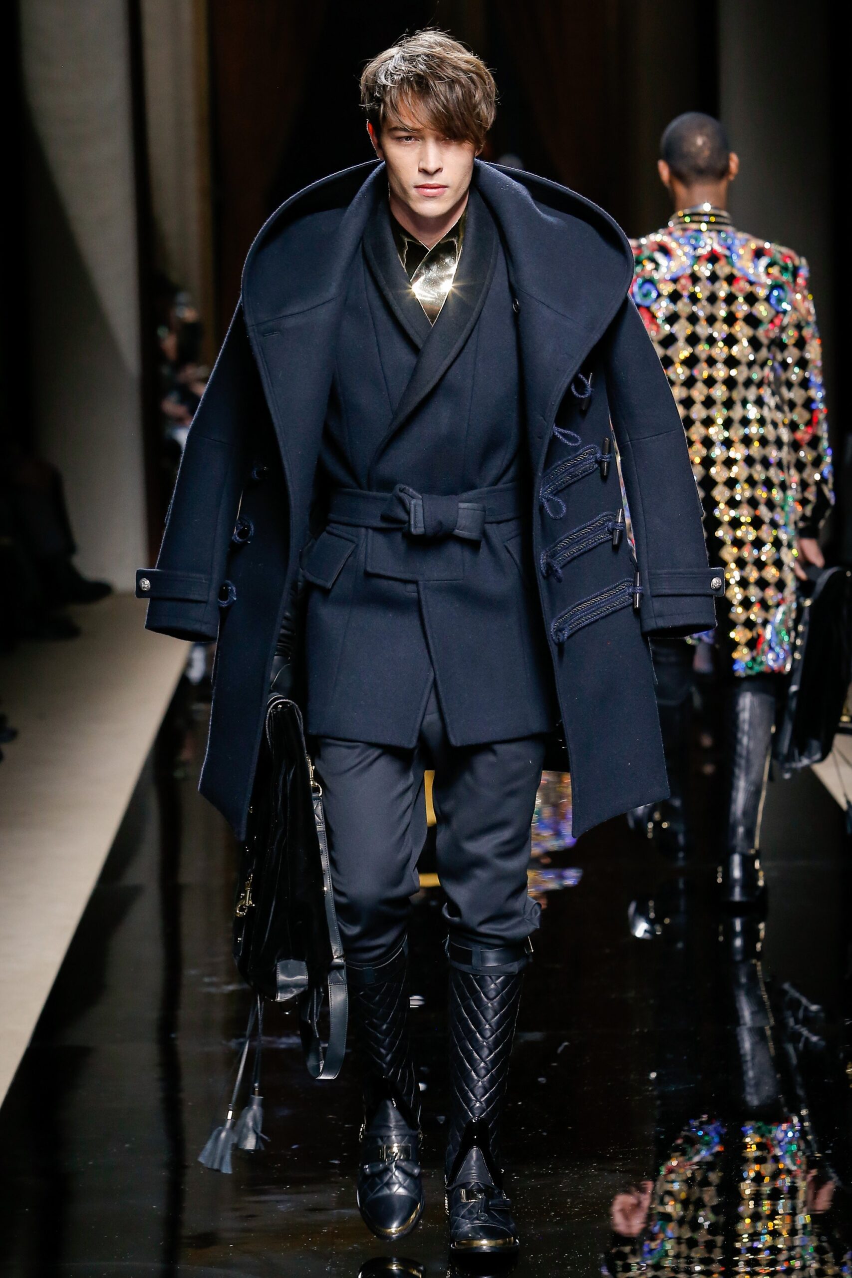 black wool coat with slim pants