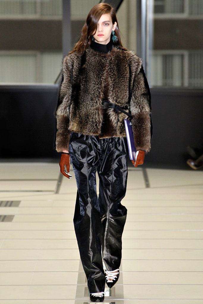 brown fur long-sleeve relaxed layered jacket