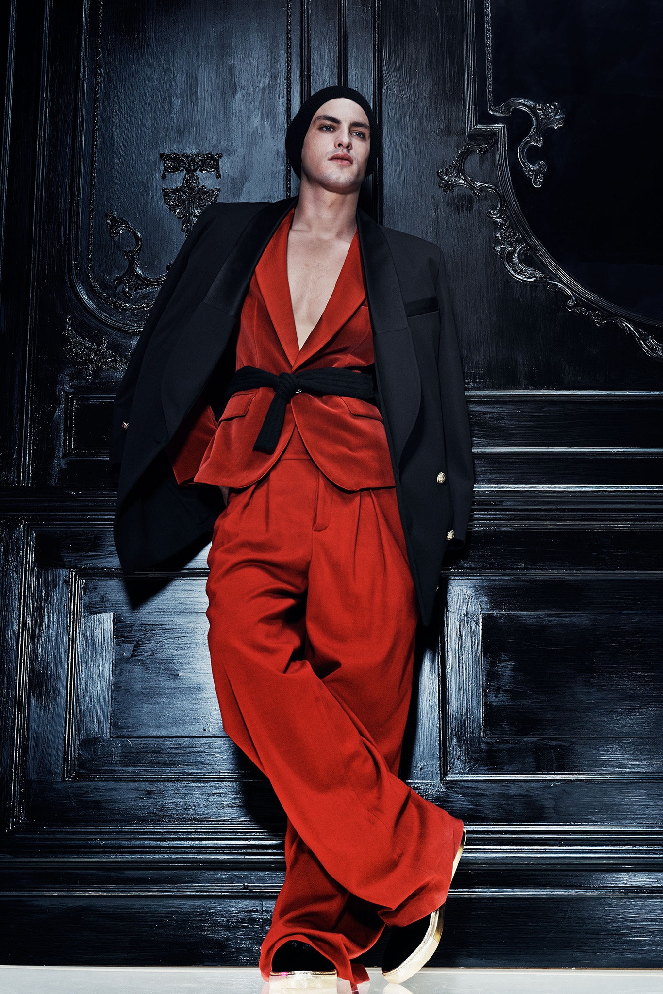 black blazer red top and pants