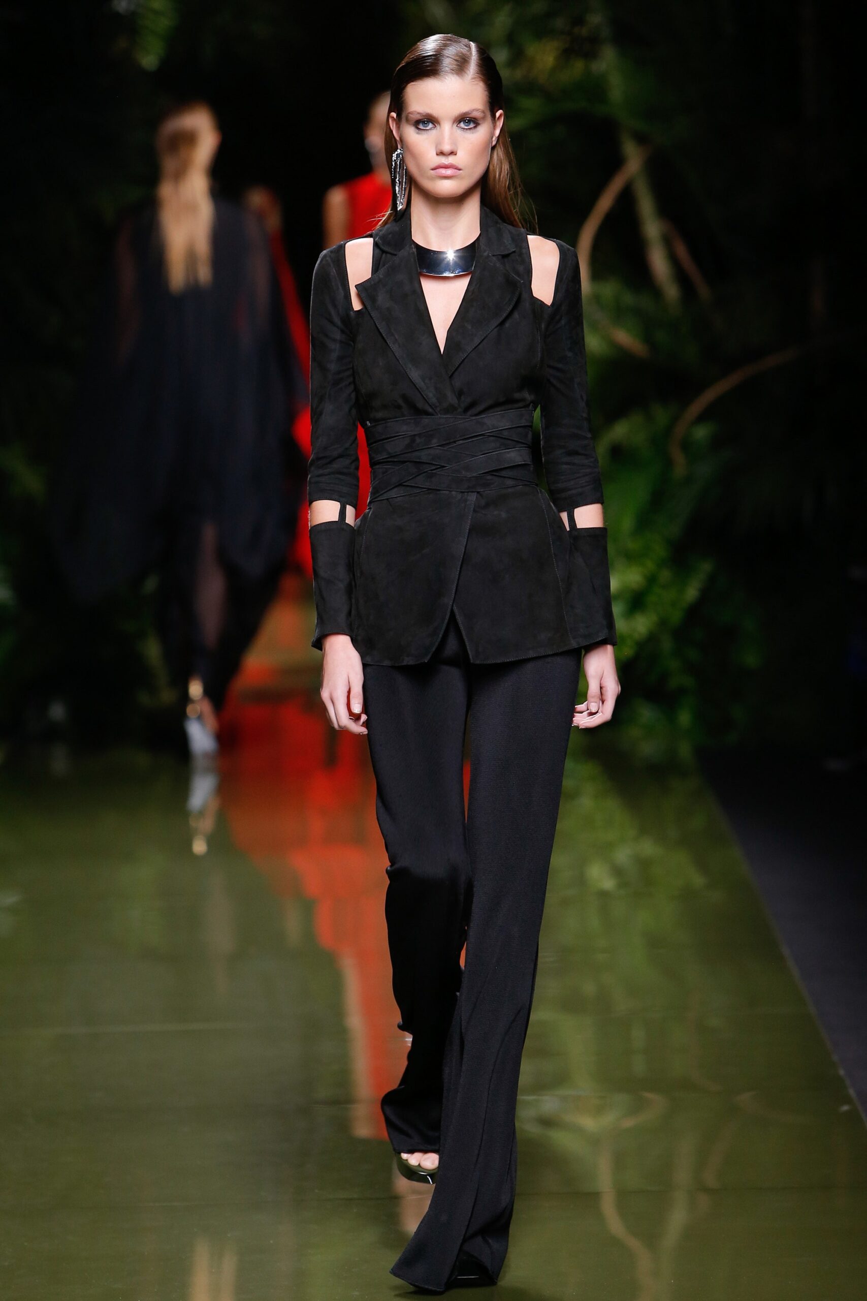 black fitted suede blazer and pants