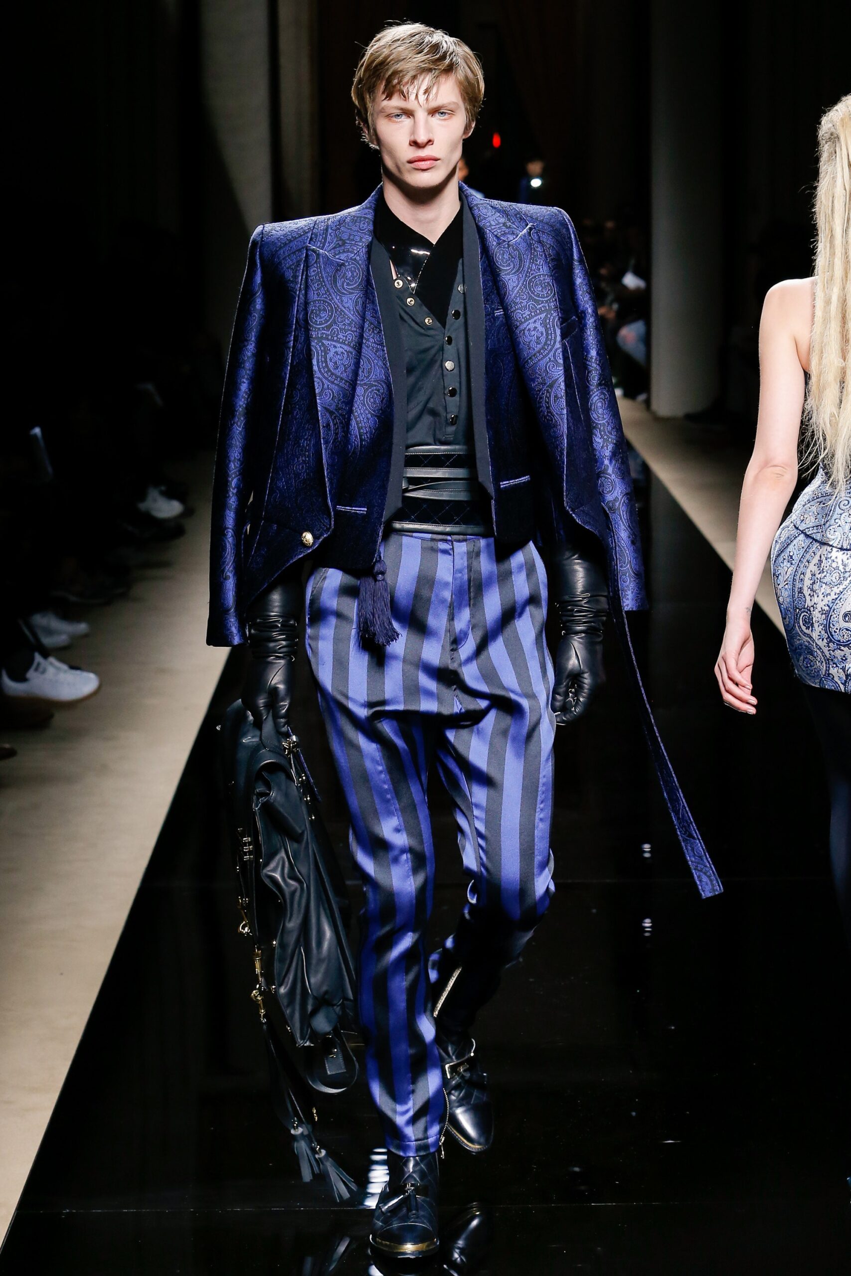 blue embroidered blazer with striped pants