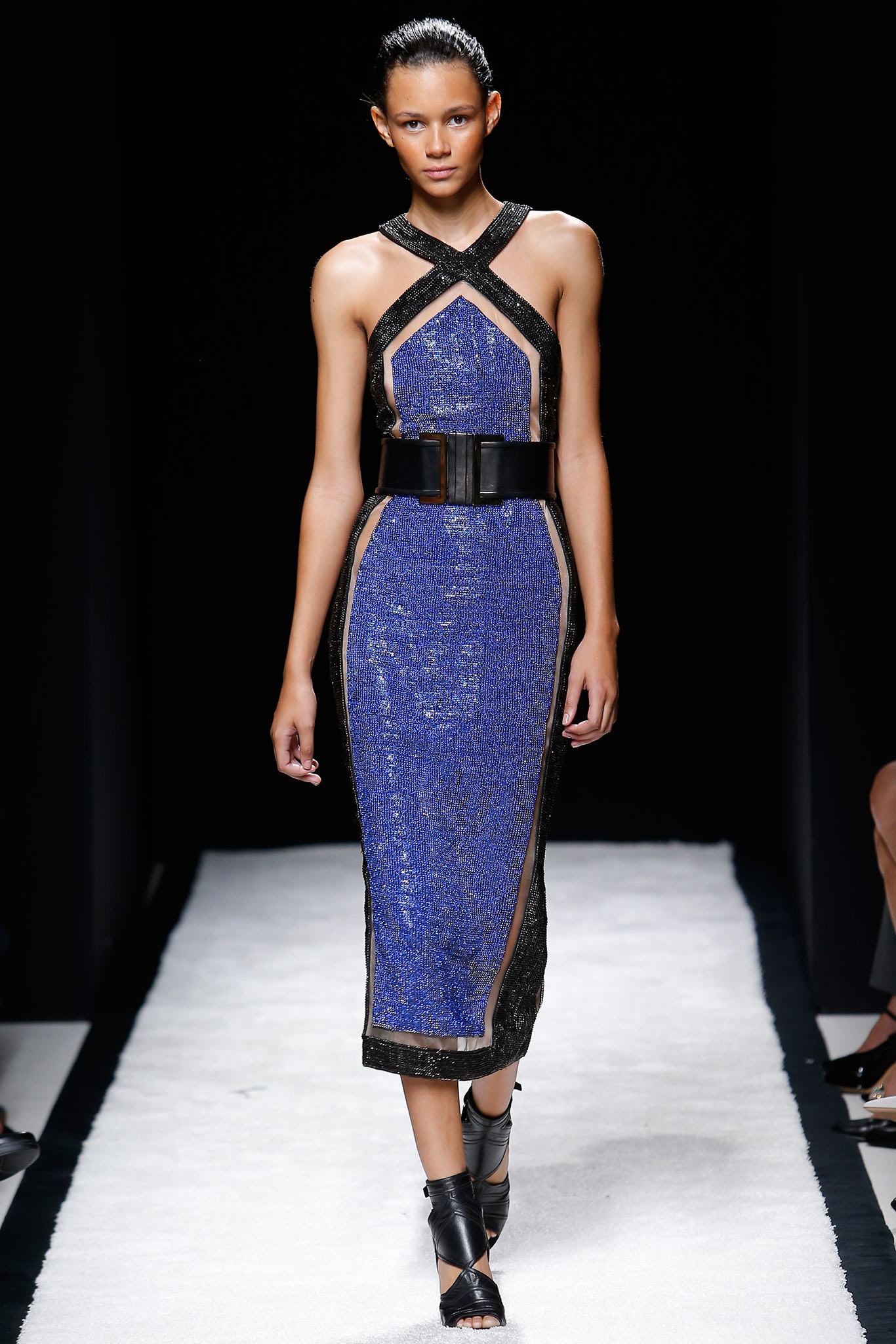 blue black sequined fitted dress