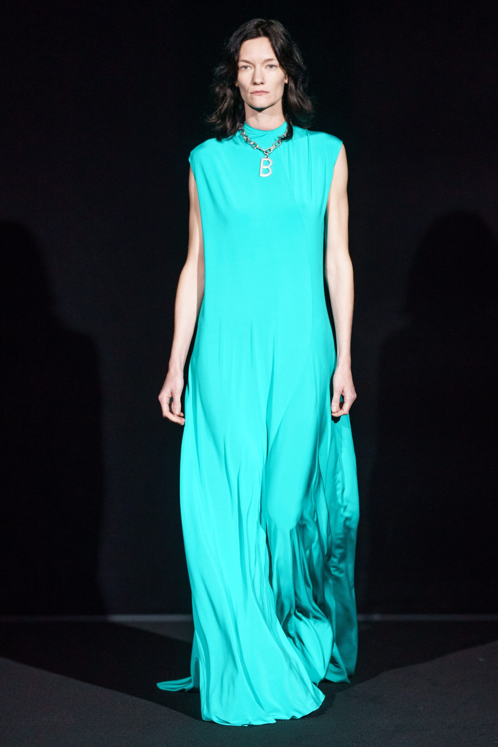 blue silk sleeveless gown
