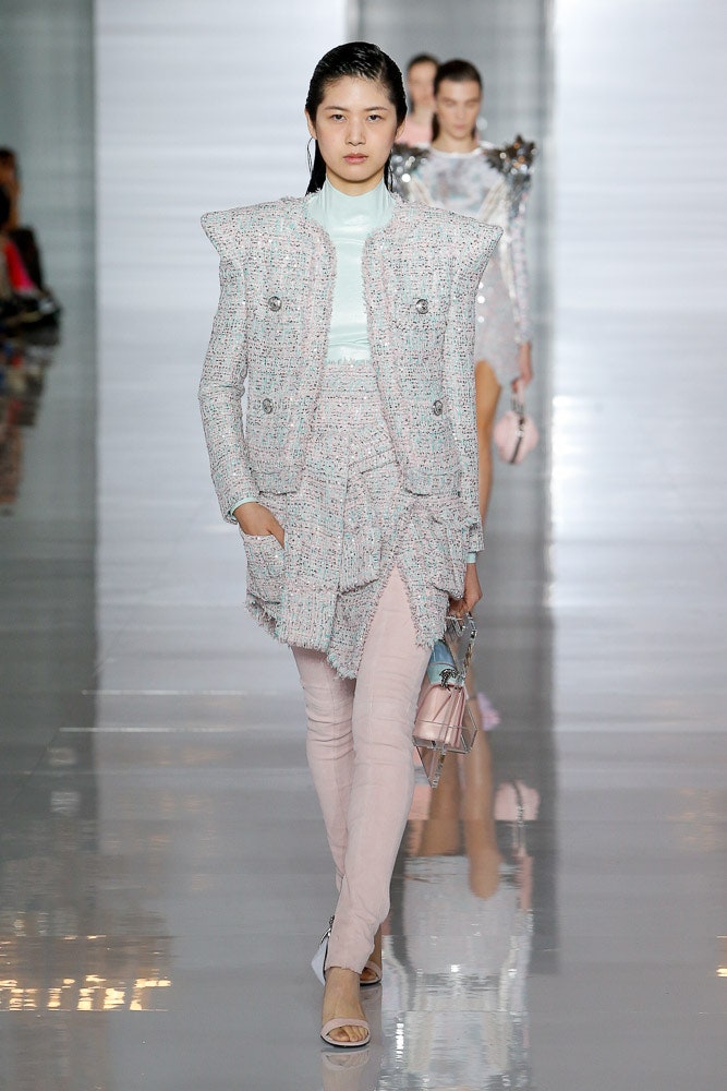 pink tweed structured jacket with slim pants