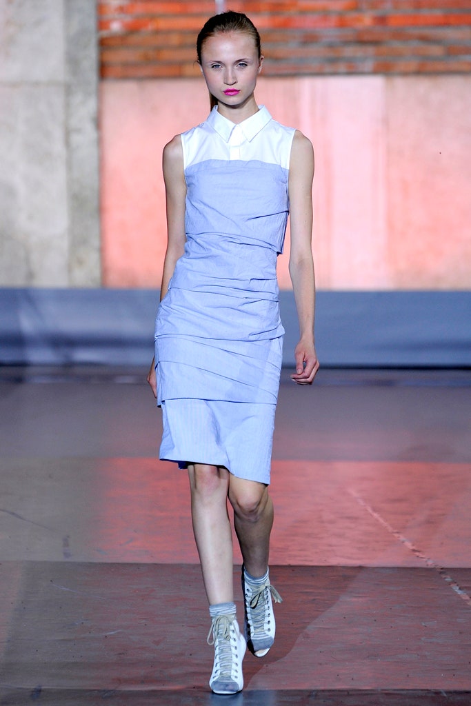 blue and white fitted dress
