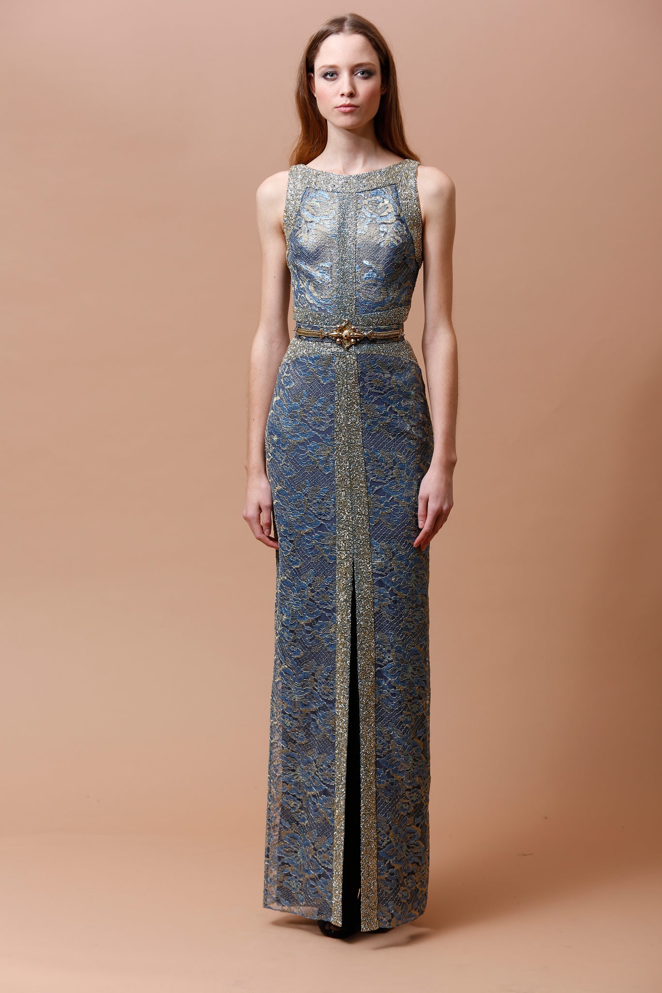 blue gold embroidered gown