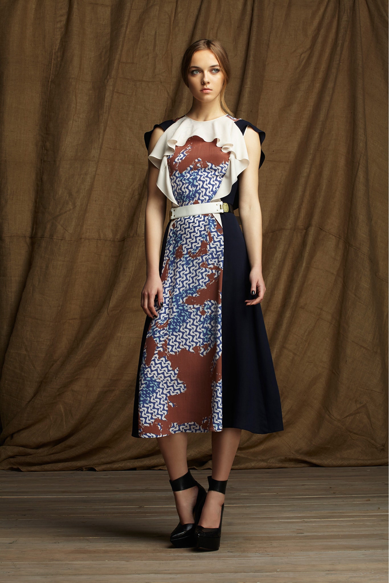 blue and brown pleated midi dress