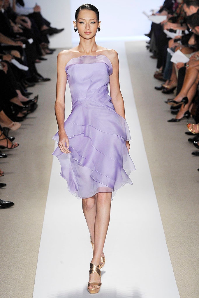 purple ruffled strapless dress