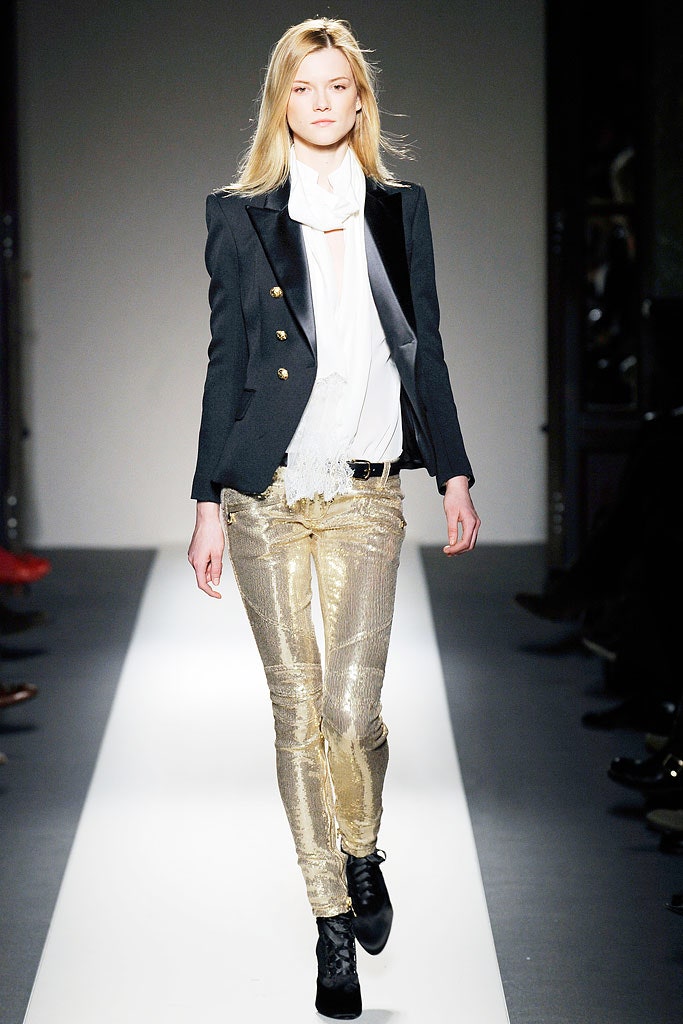 black blazer white shirt gold pants