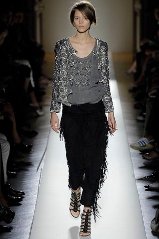 black fringed jacket with gray top