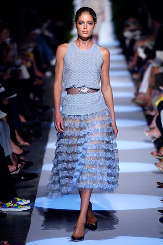 blue silk fitted tiered flowing midi skirt