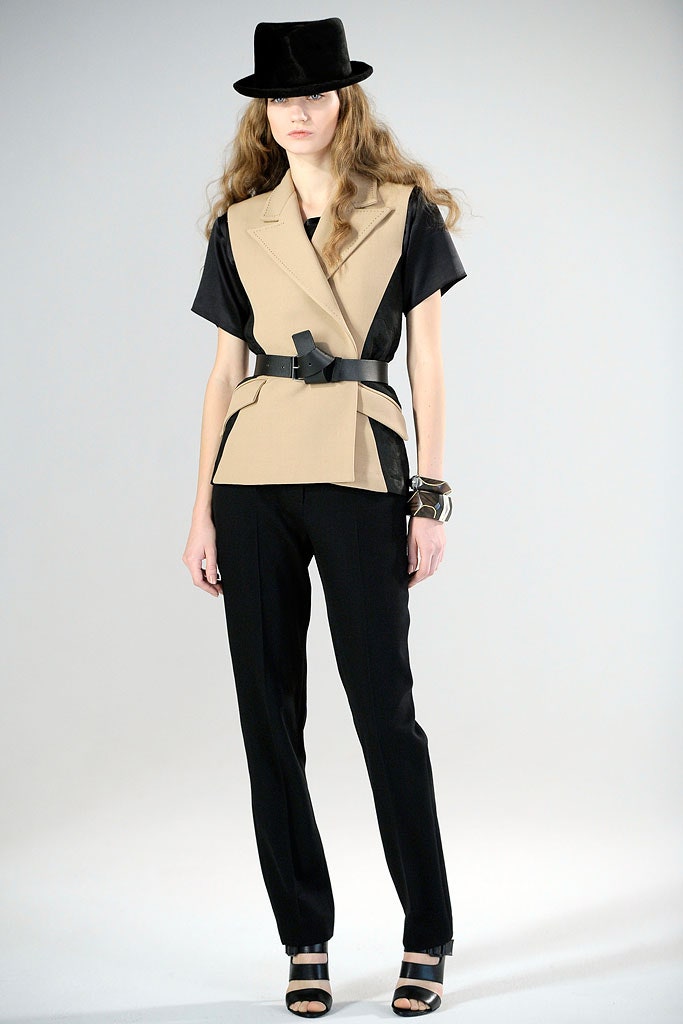 beige belted sleeveless blazer