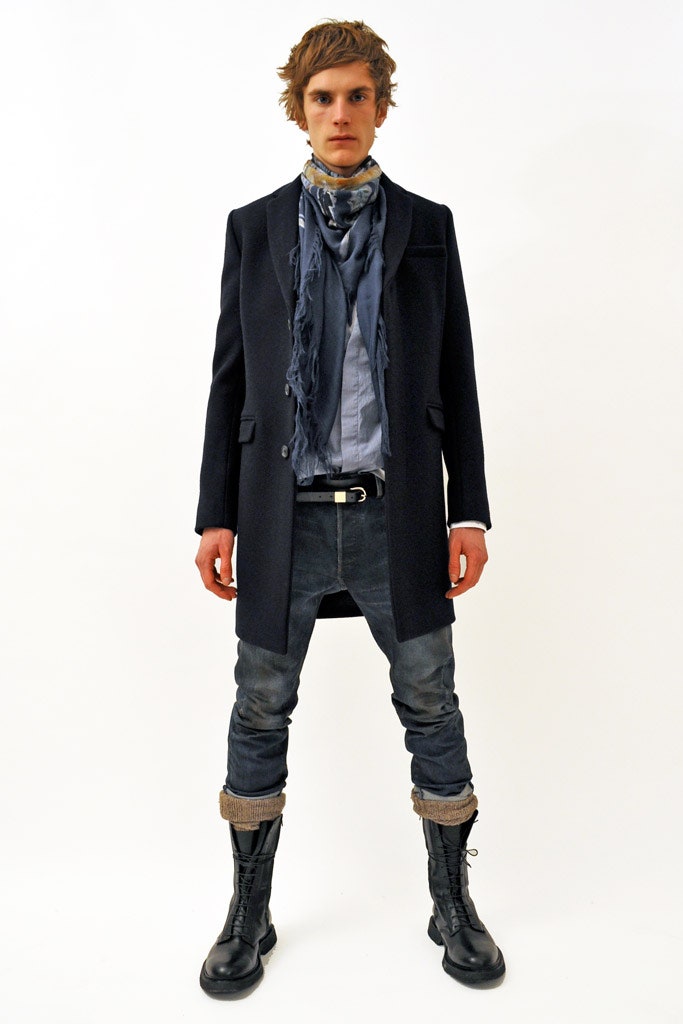 black wool coat with blue shirt
