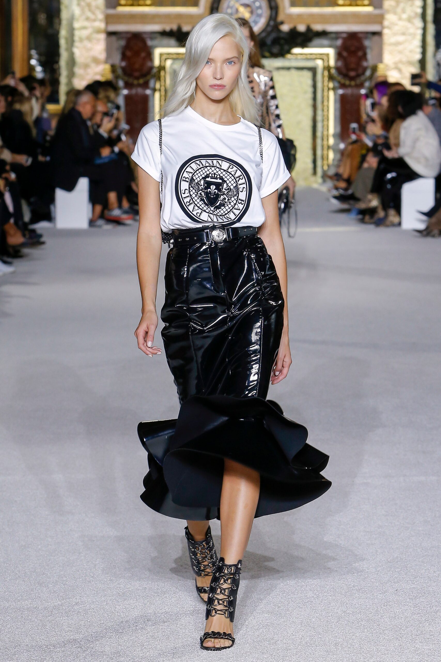 black vinyl asymmetric fitted high-waisted pencil shiny skirt