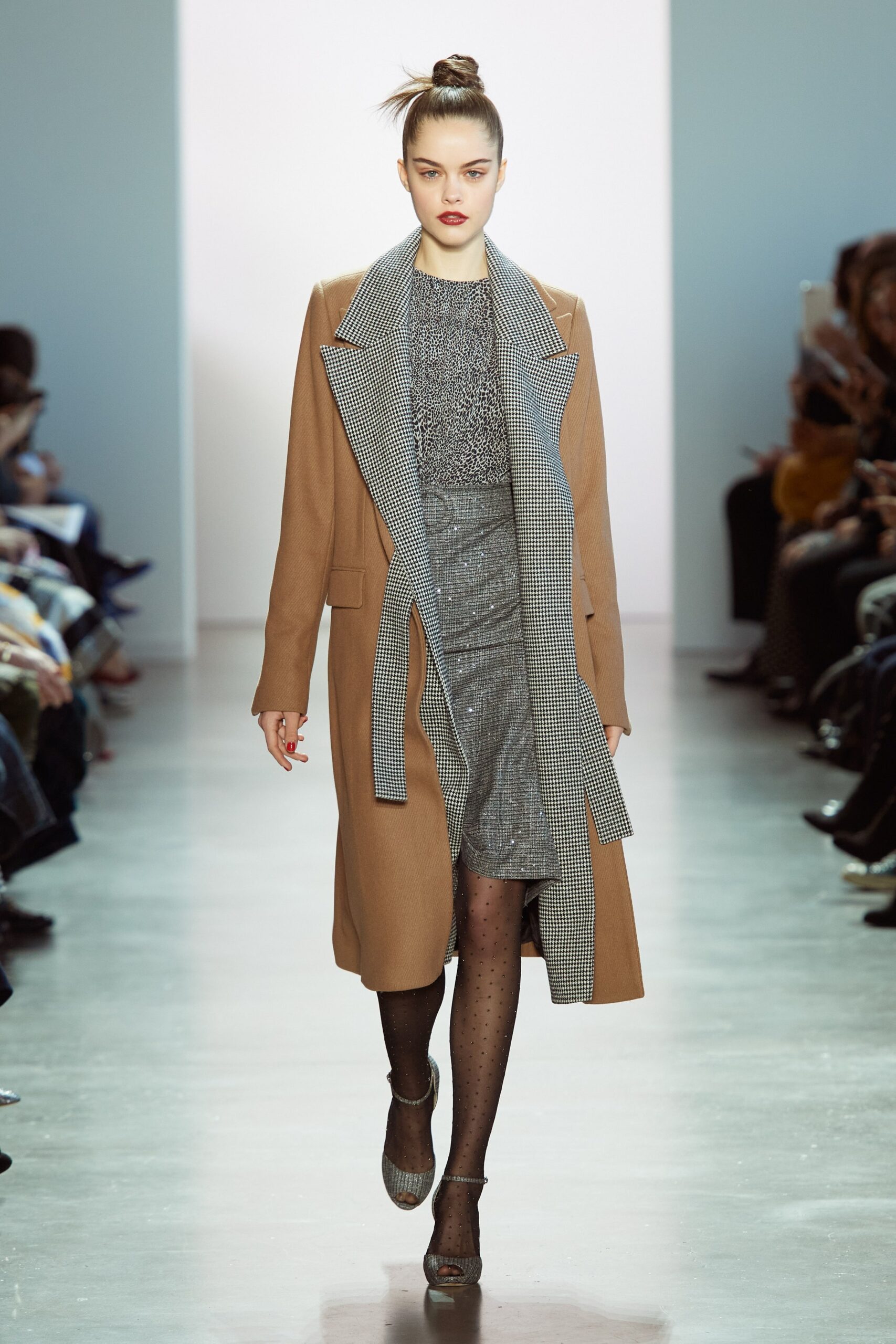 brown wool coat and gray silk dress