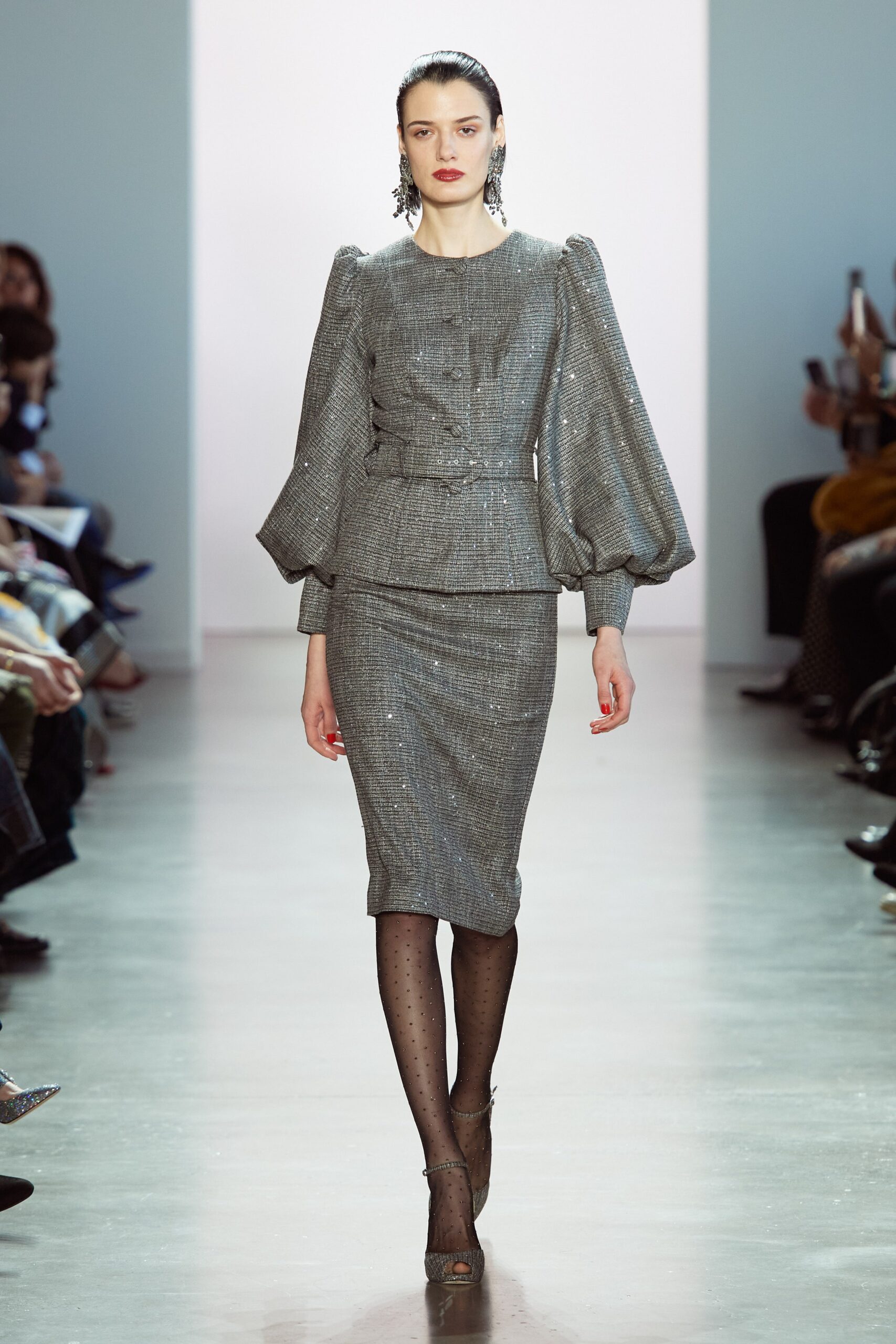 fitted gray tweed suit