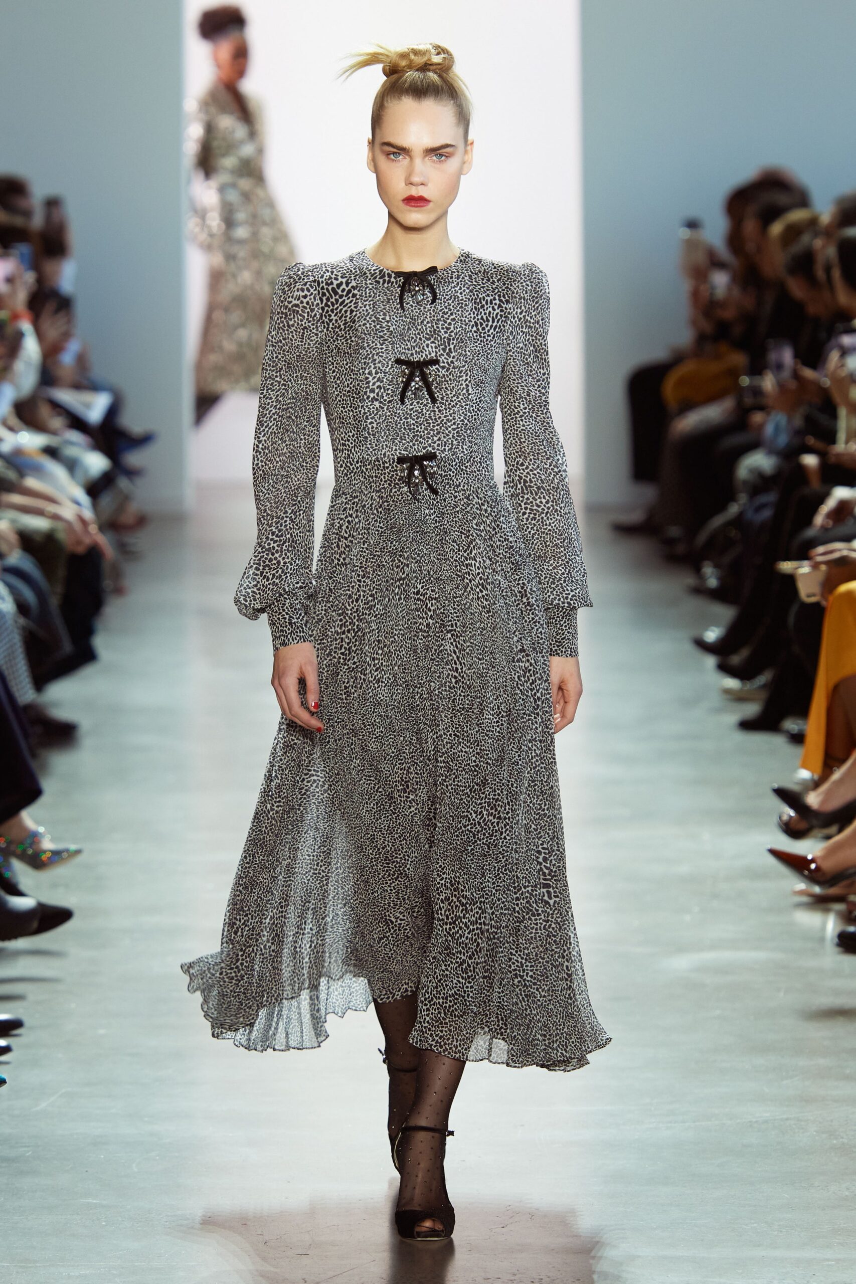 black and white pleated midi dress