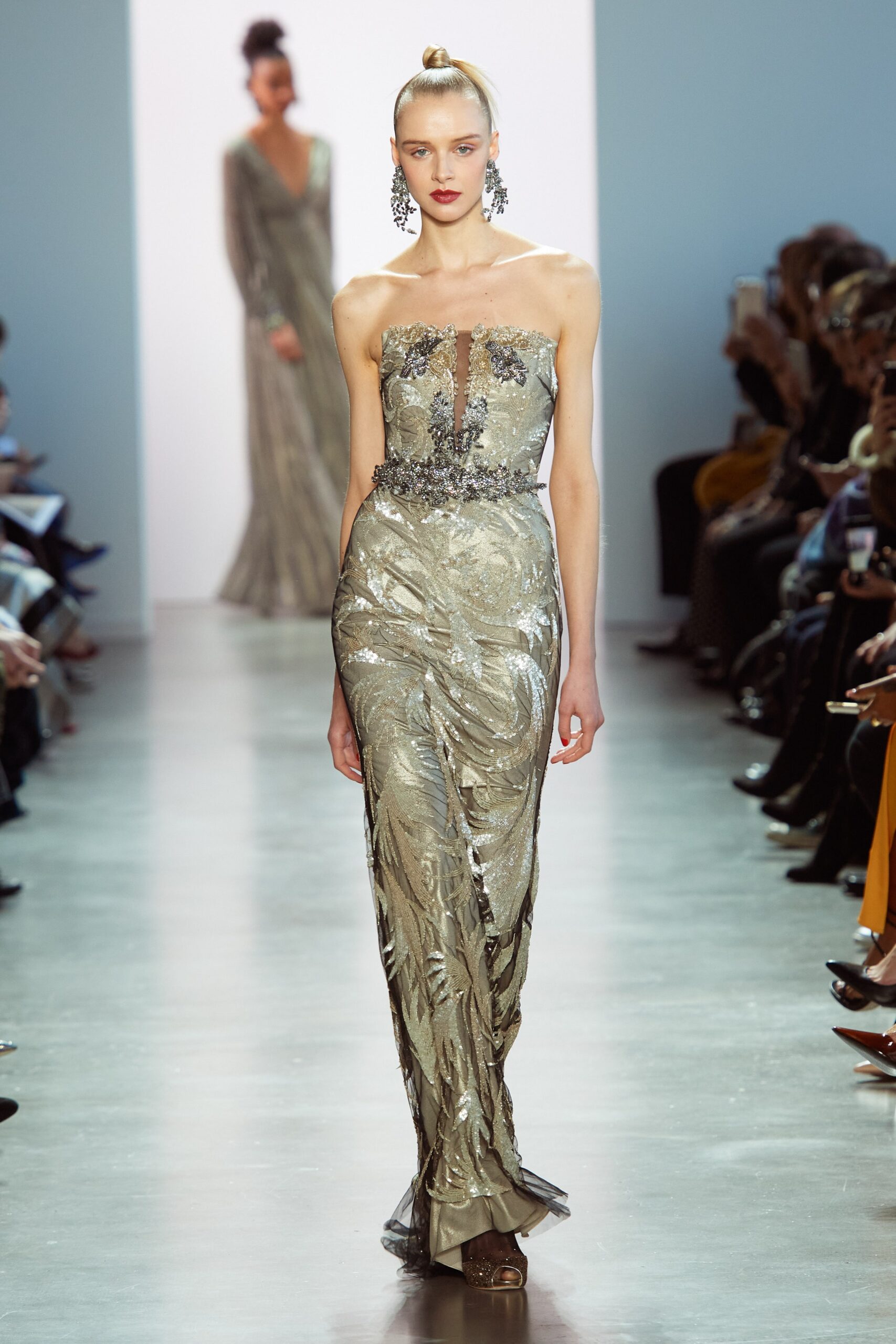 gold sequin strapless gown