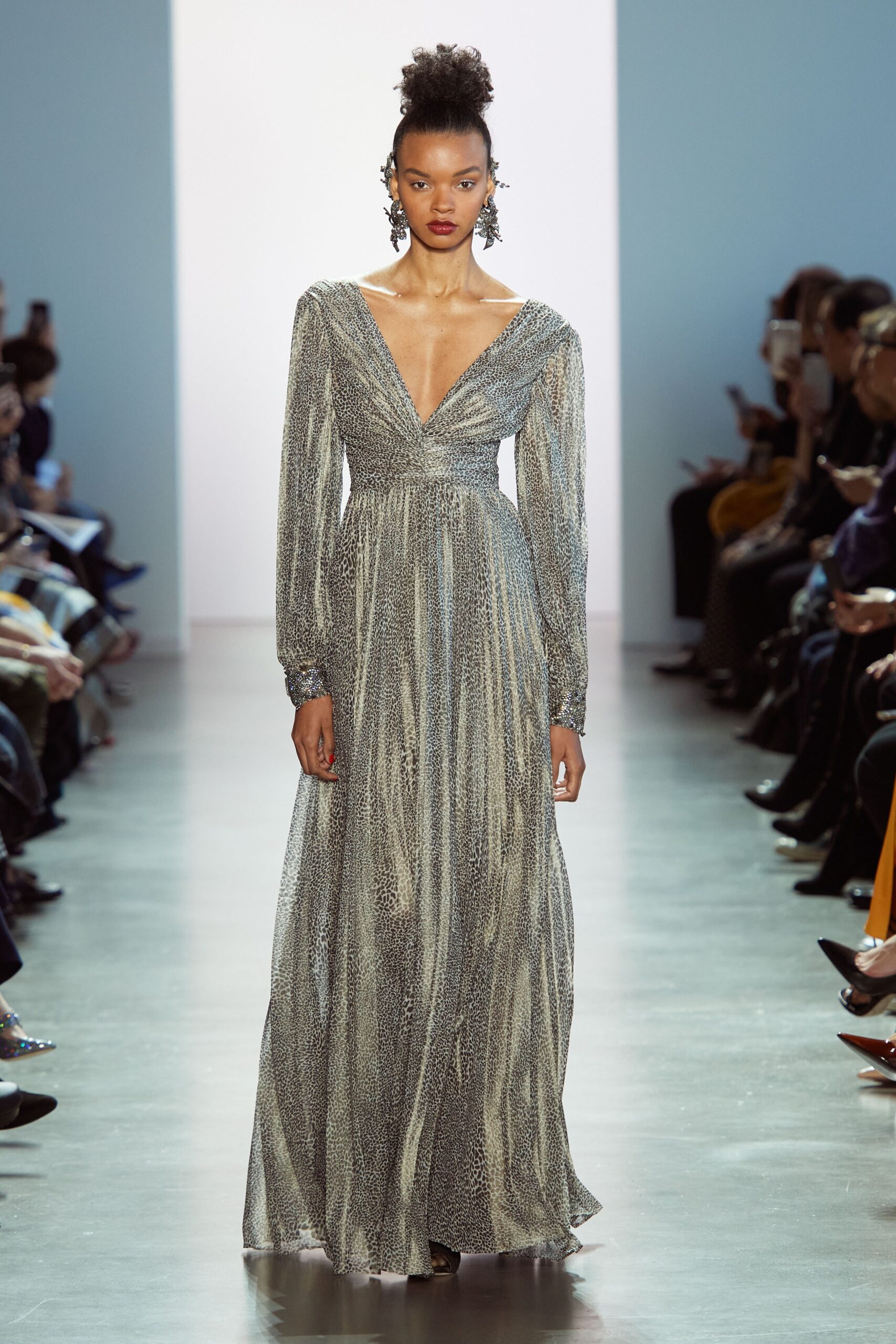 silver silk long-sleeve gown