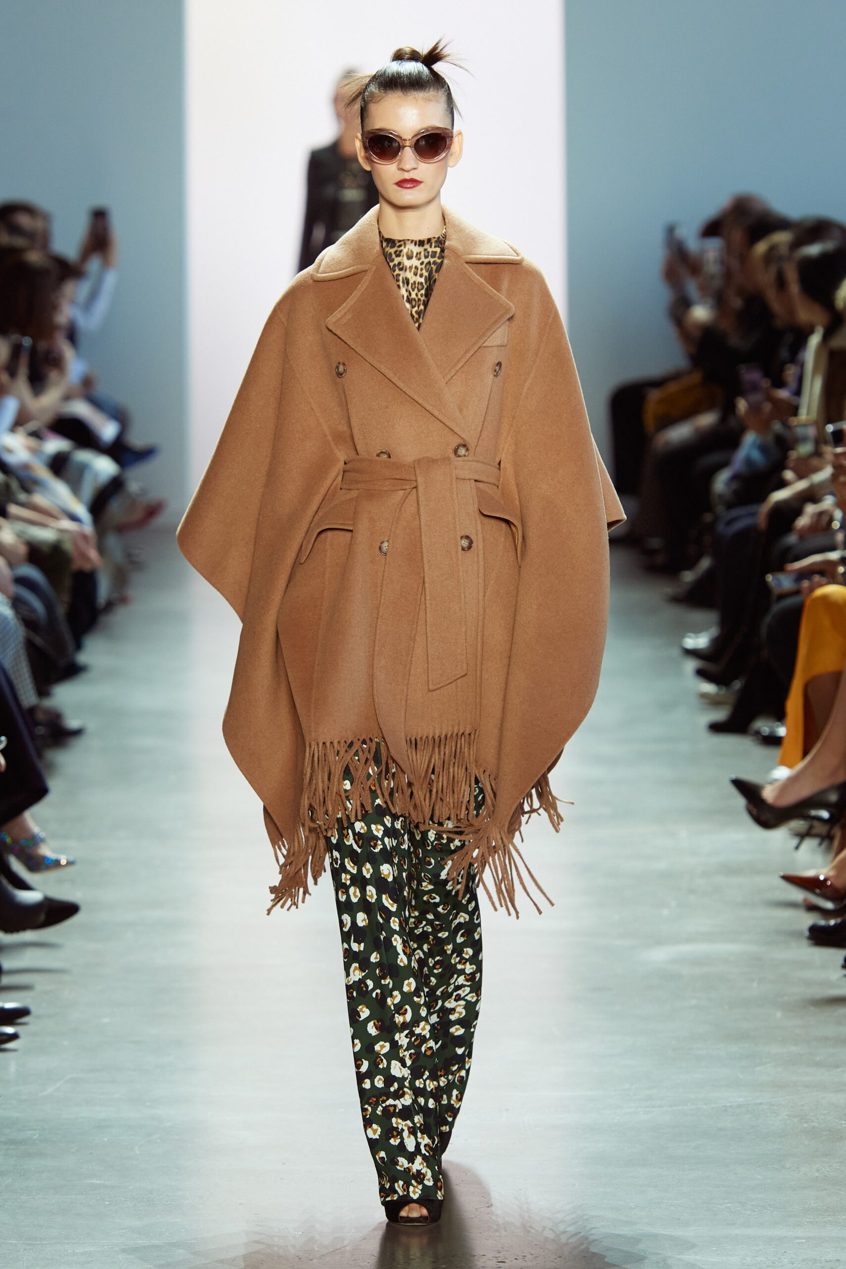 brown wool long-sleeve collared relaxed fringed buttoned poncho