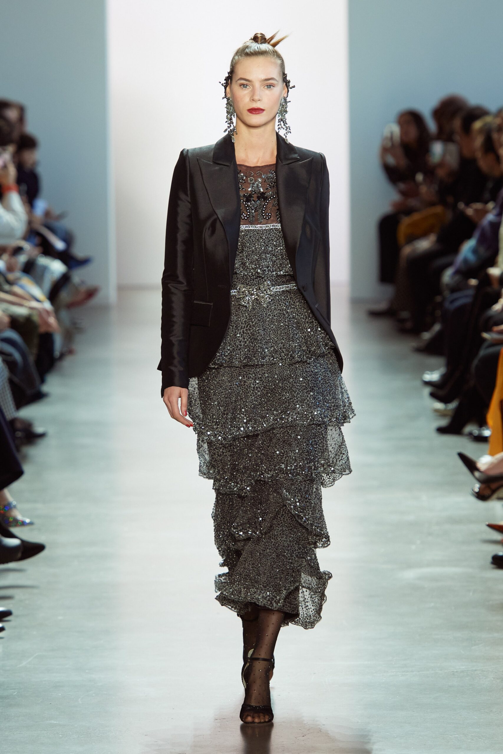 black sequined midi dress with blazer