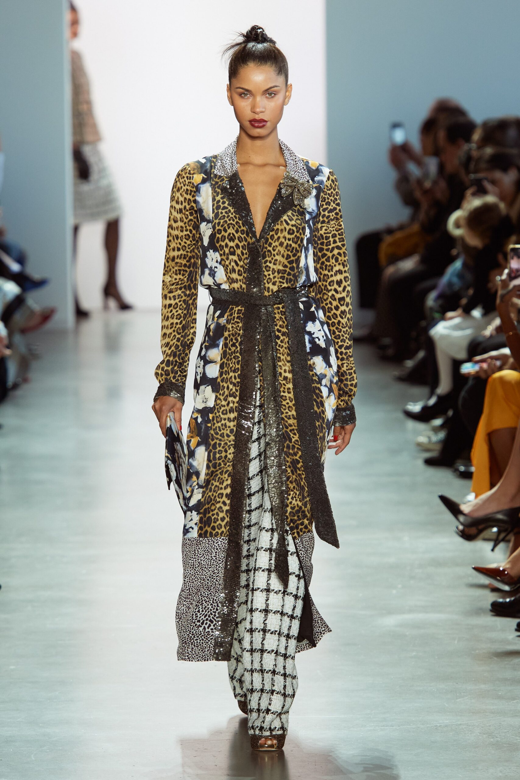 multi-patterned silk belted dress