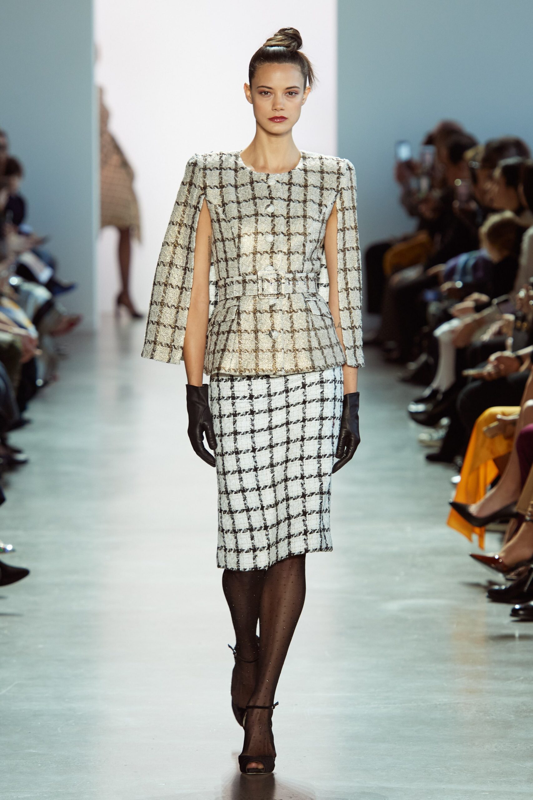 beige tweed blazer with pencil skirt