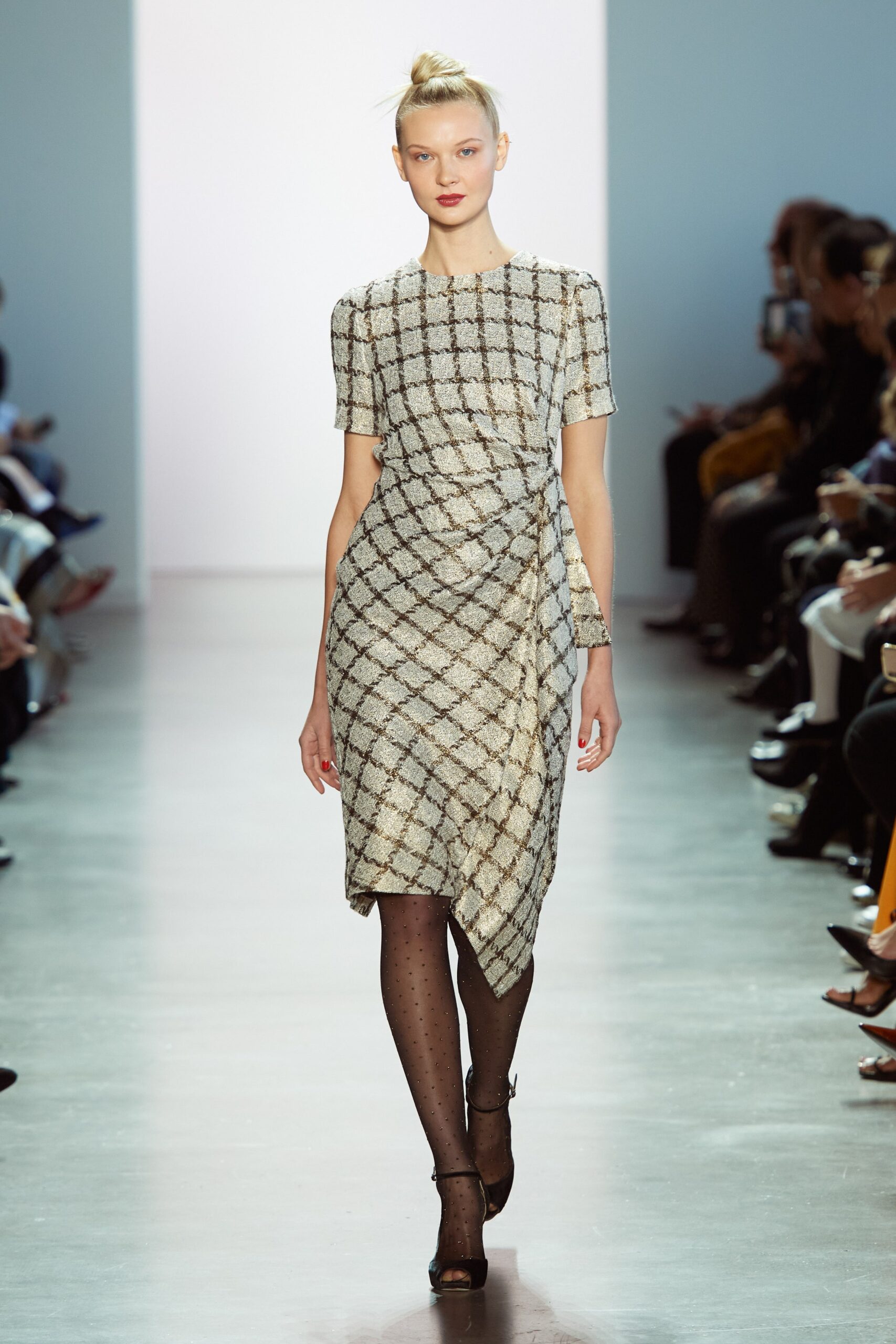beige checked fitted dress