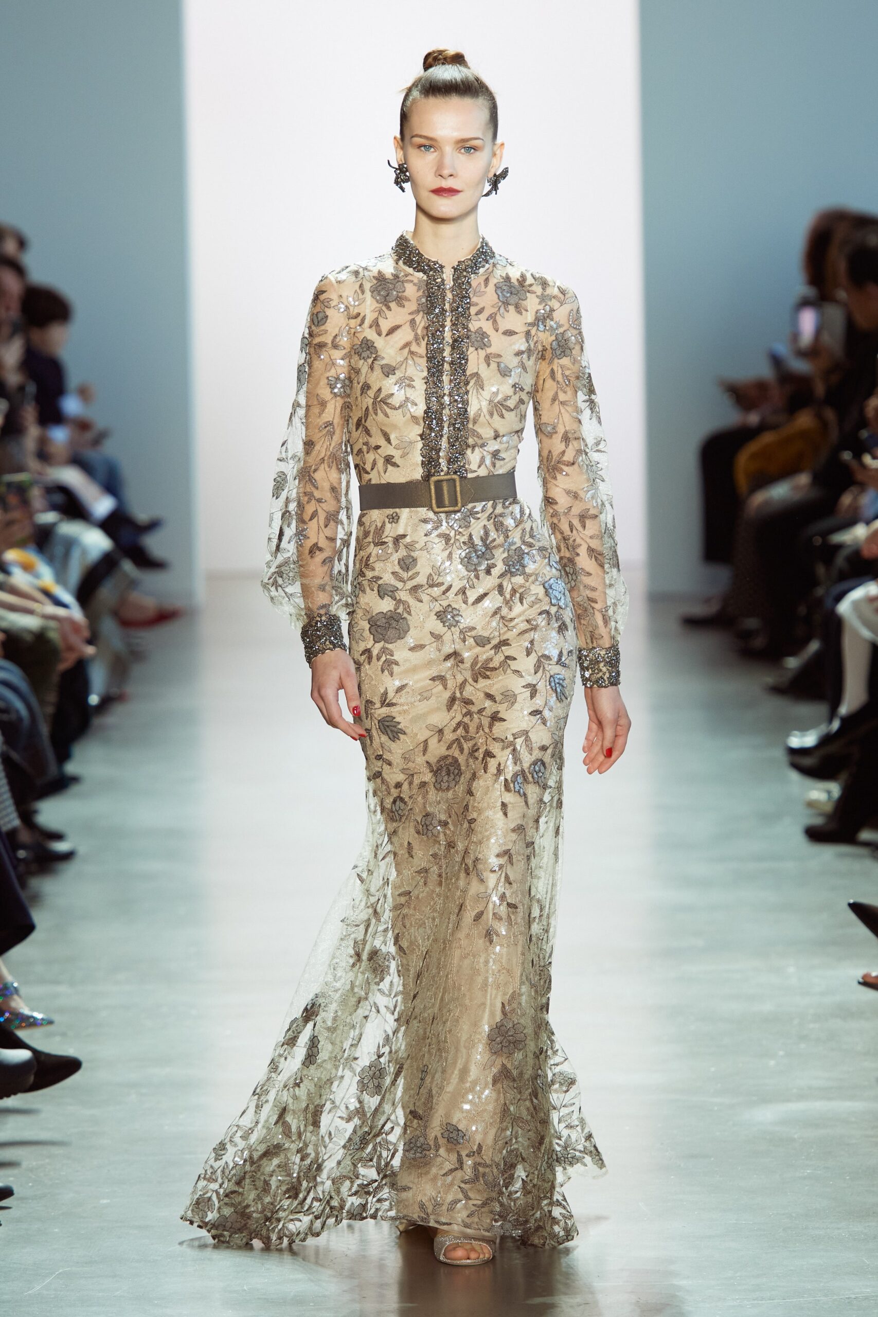 beige embroidered lace gown