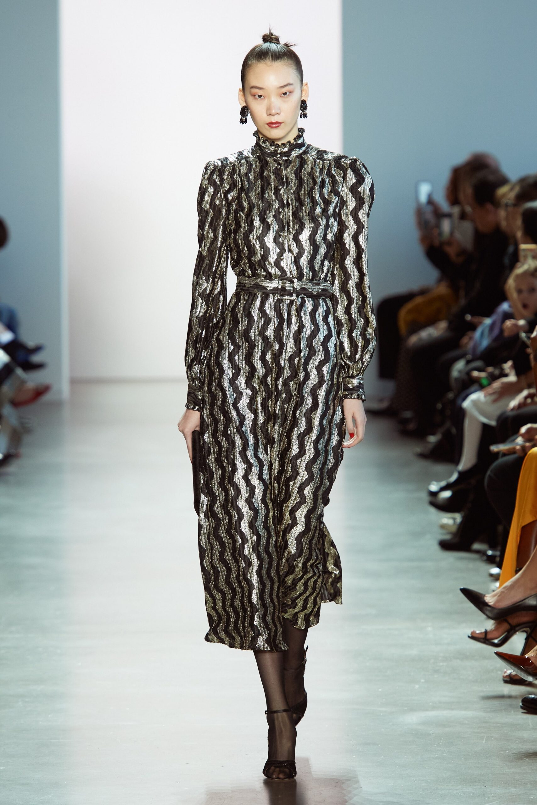 black and gold zigzag midi dress