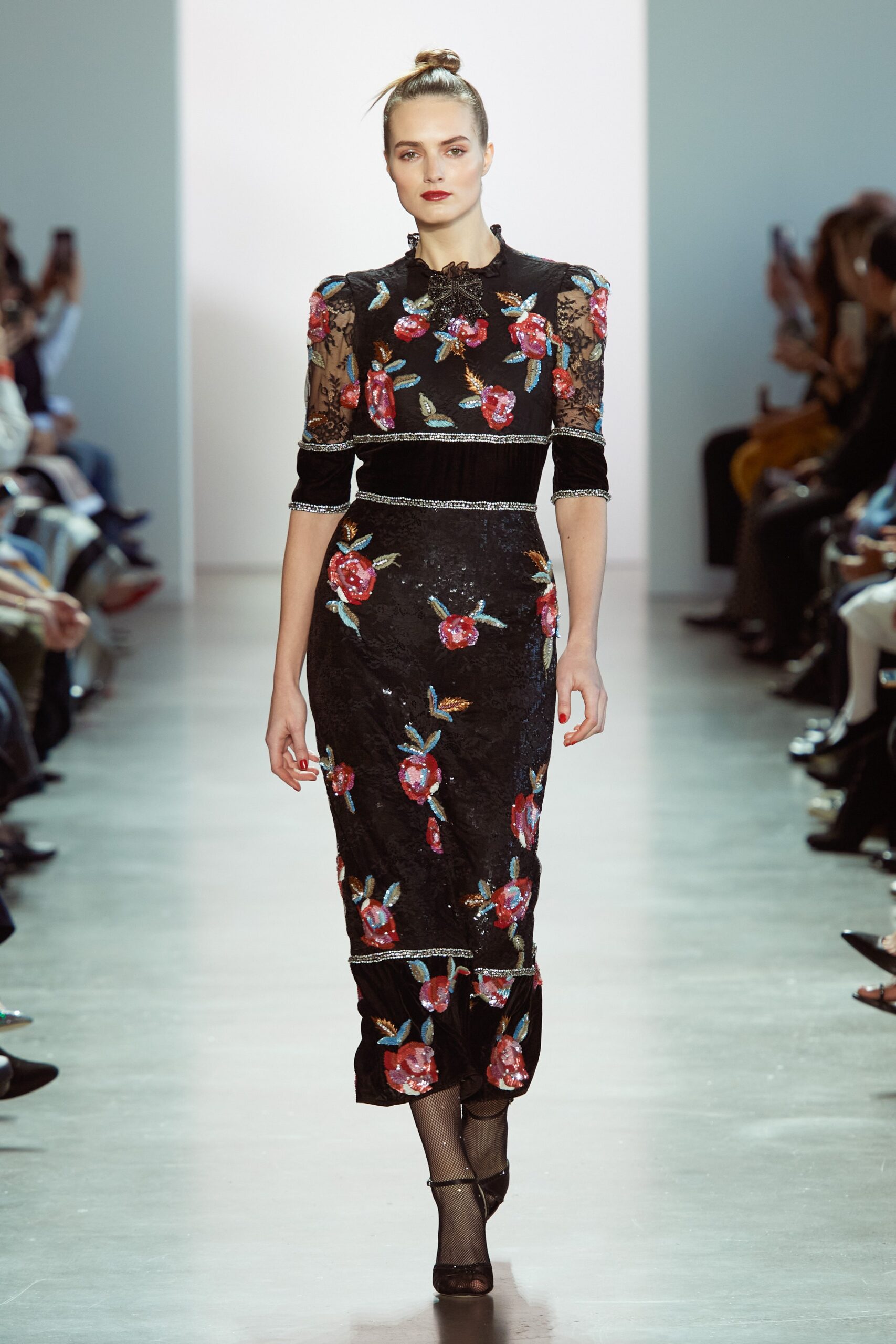 black silk embroidered midi dress