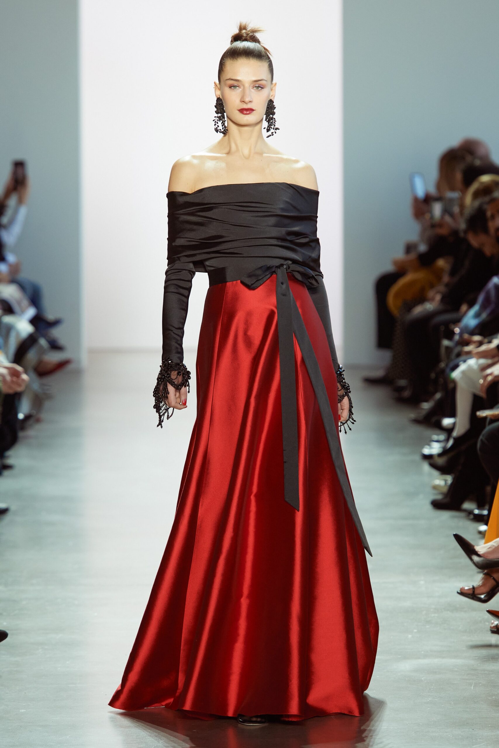 black and red off-shoulder gown