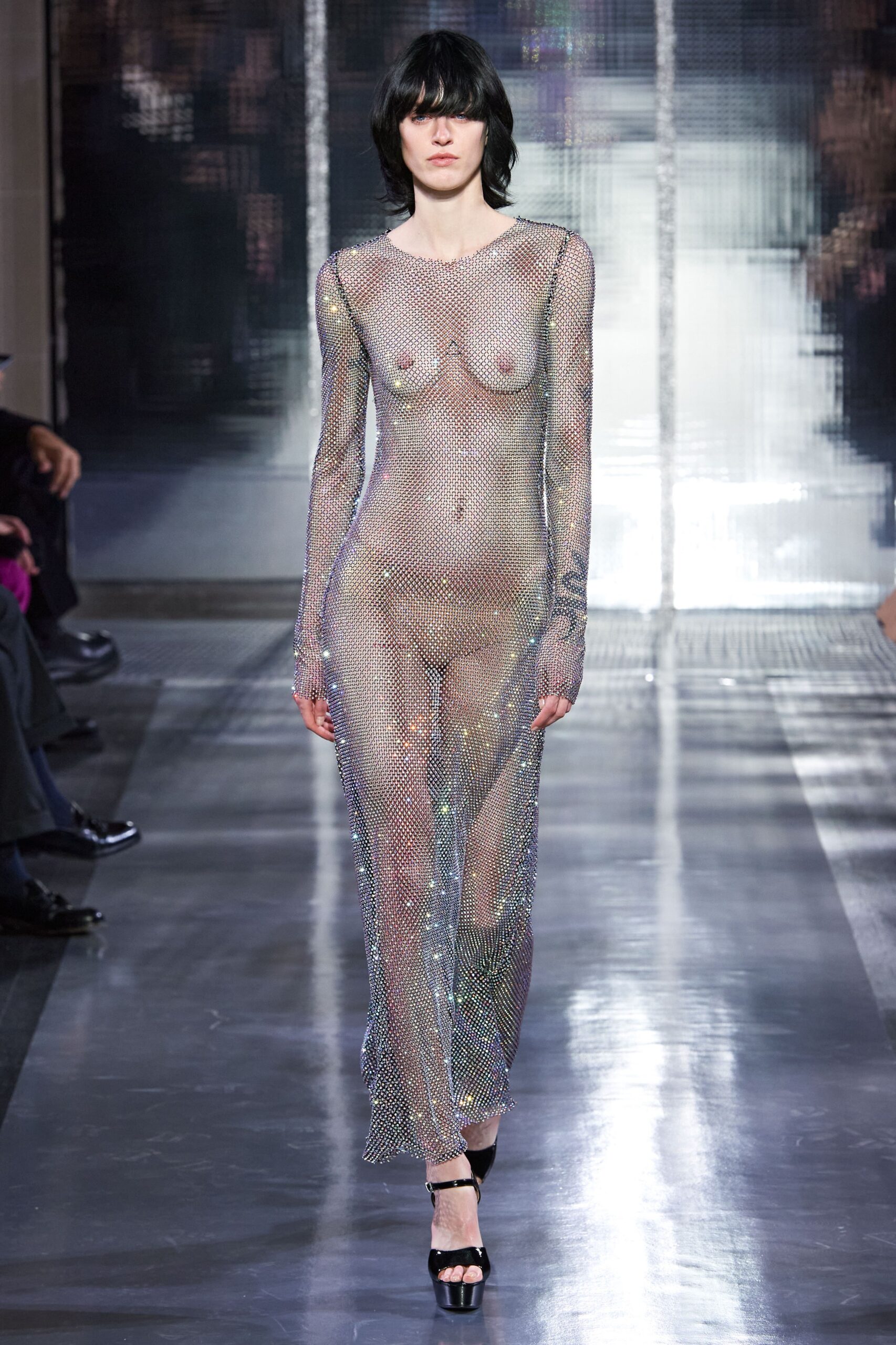 multi-colored sheer mesh gown