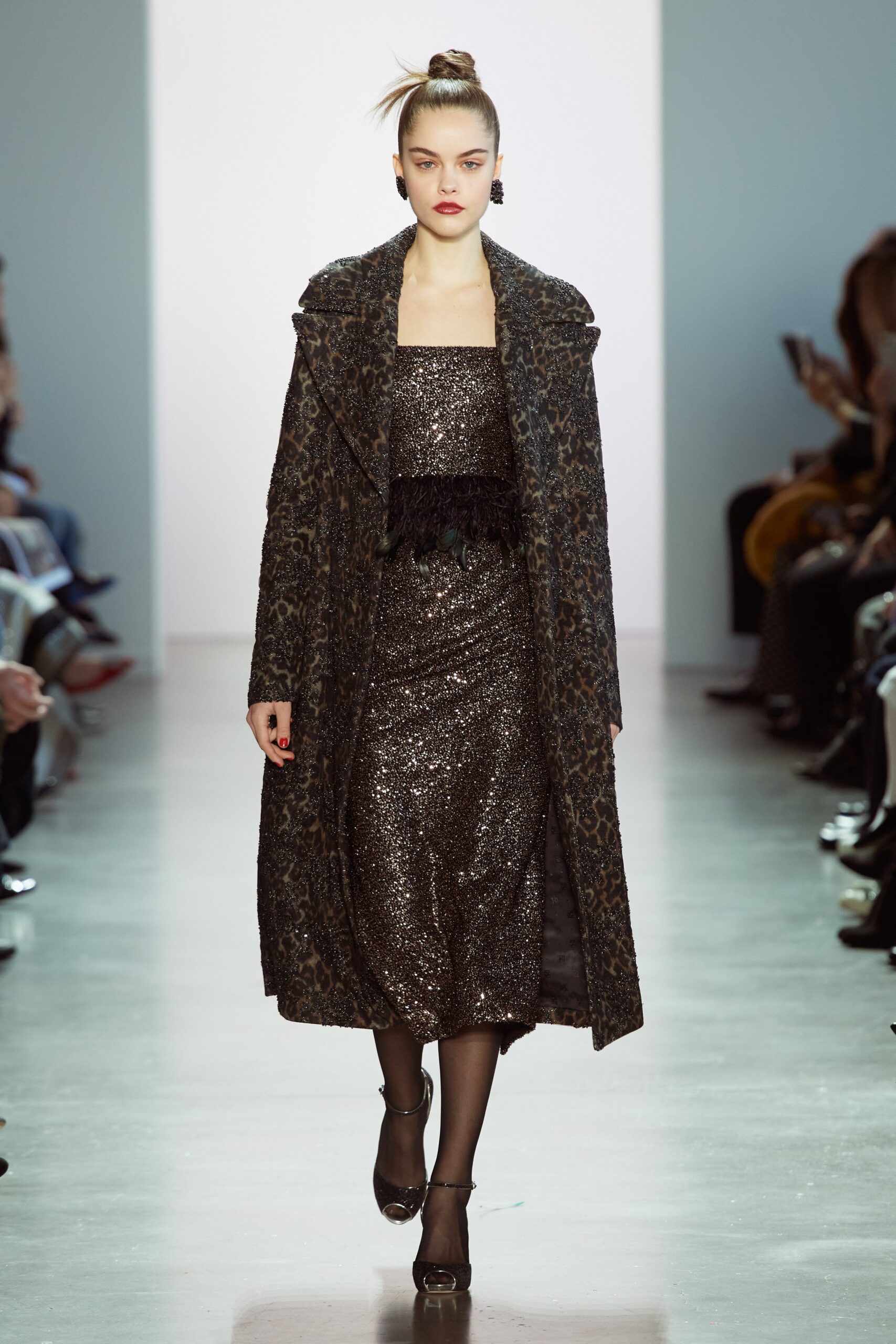 black sequin midi dress with fur coat