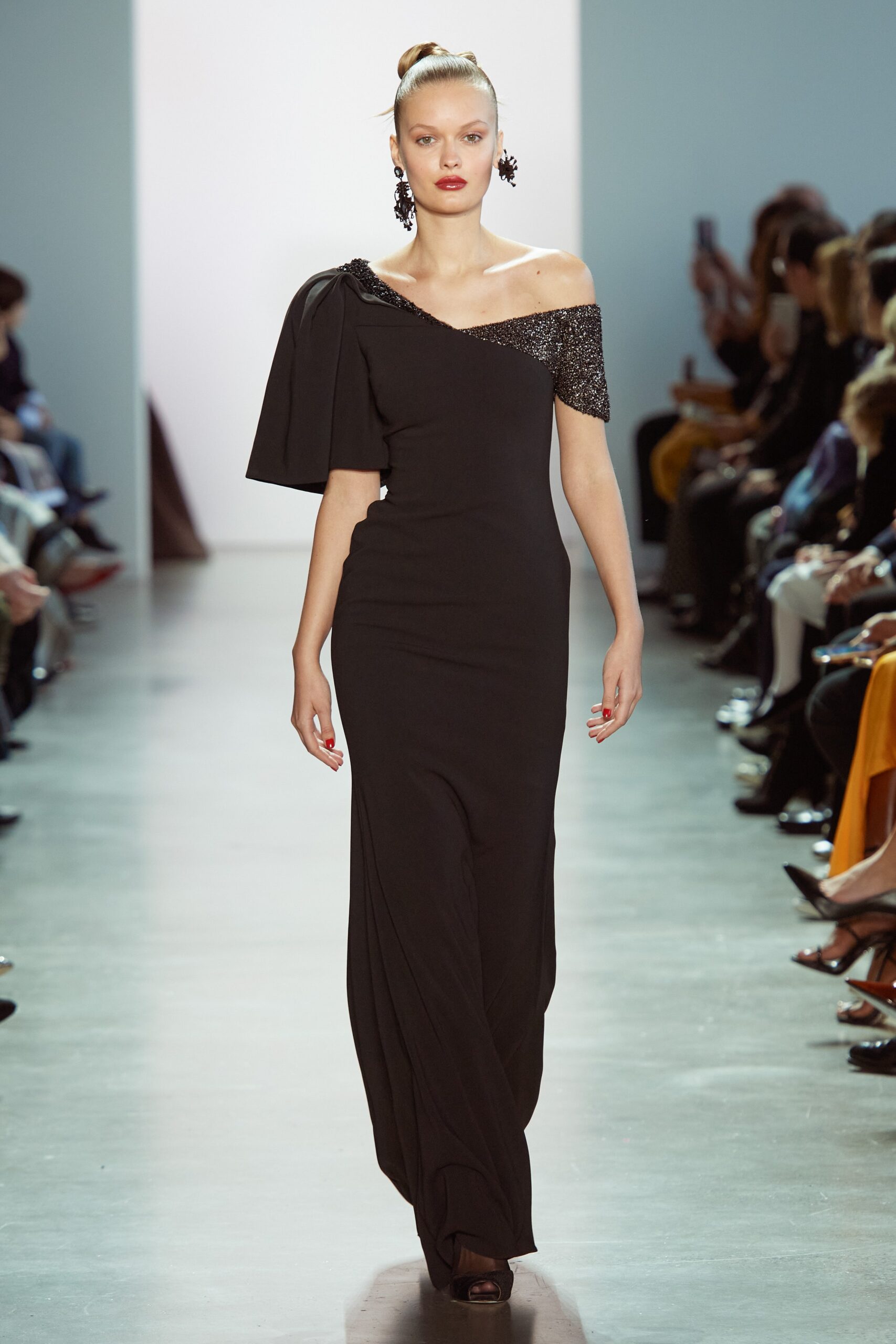 black silk off-shoulder gown