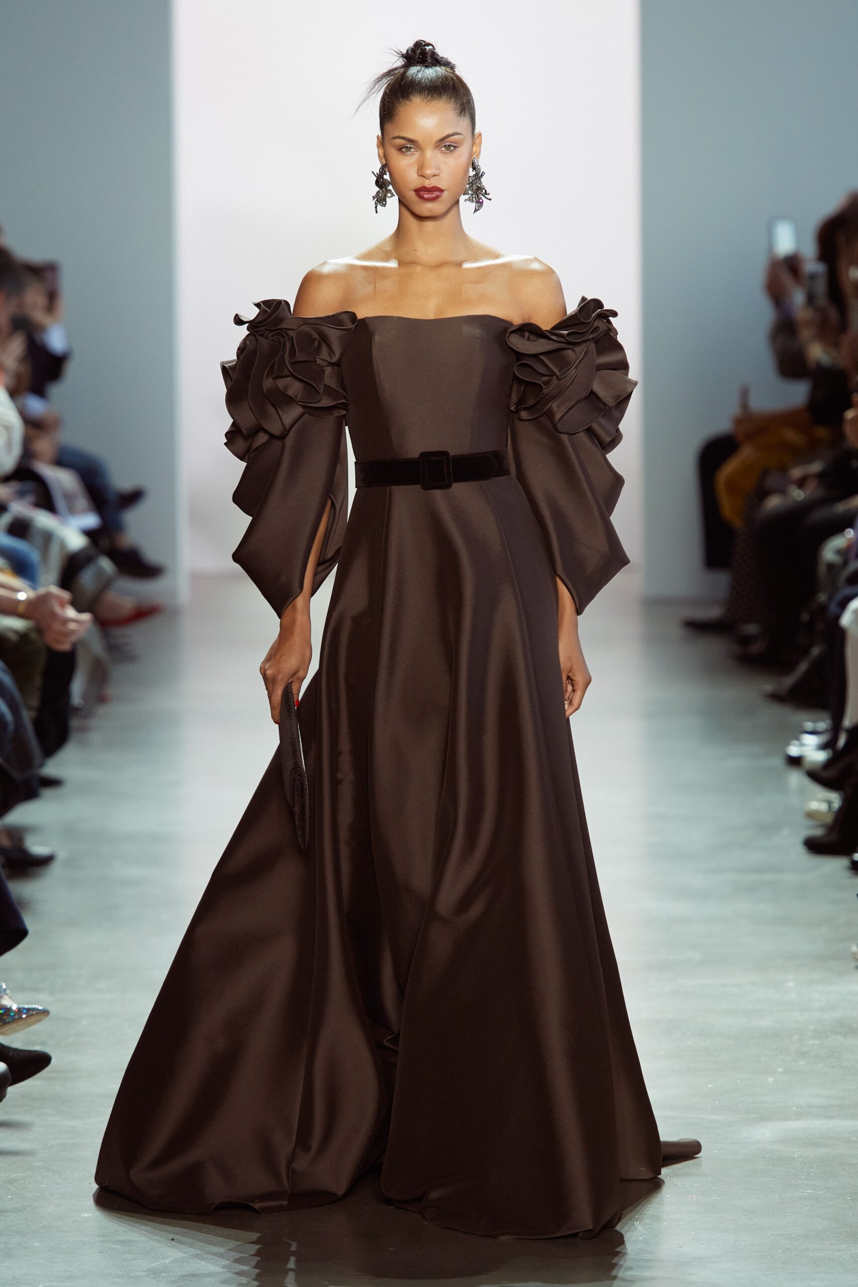 brown silk off-shoulder gown