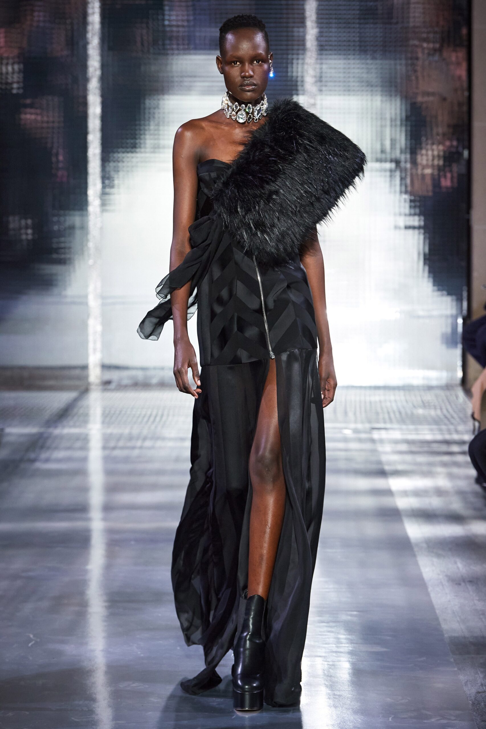 black silk sleeveless high-neck fitted draped layered dress