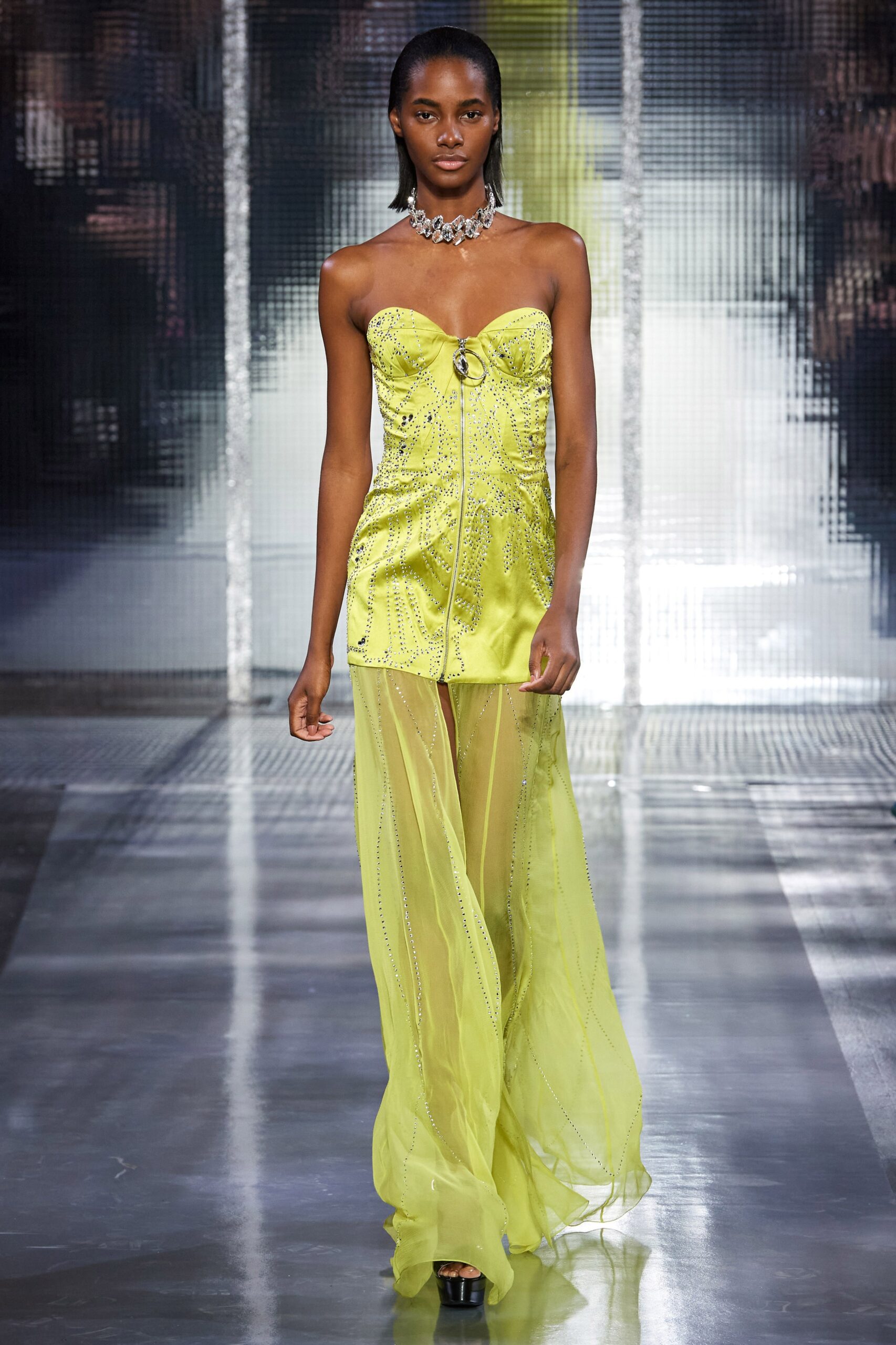 yellow strapless embellished gown