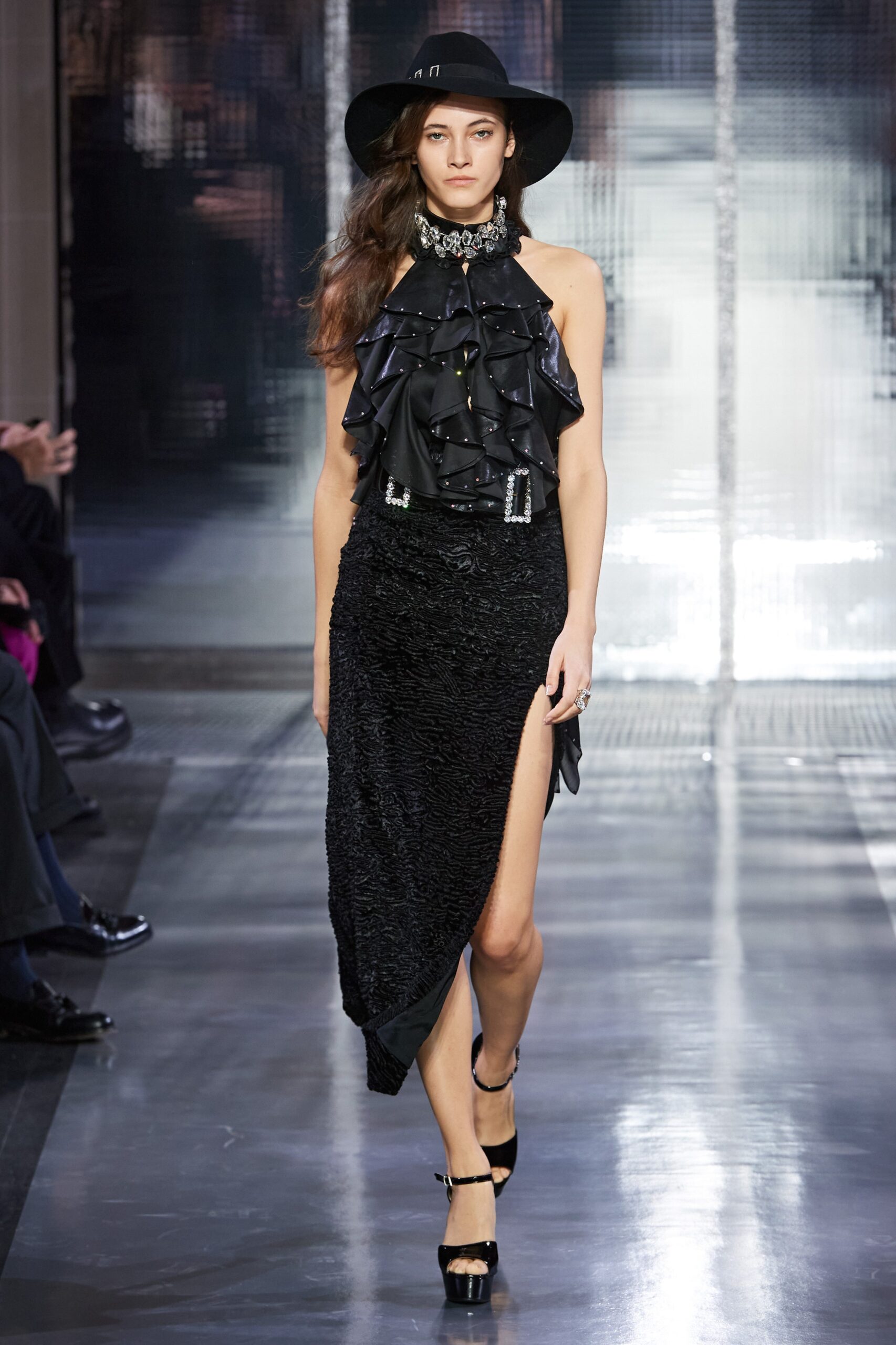 black silk sleeveless high-neck fitted ruffled midi dress