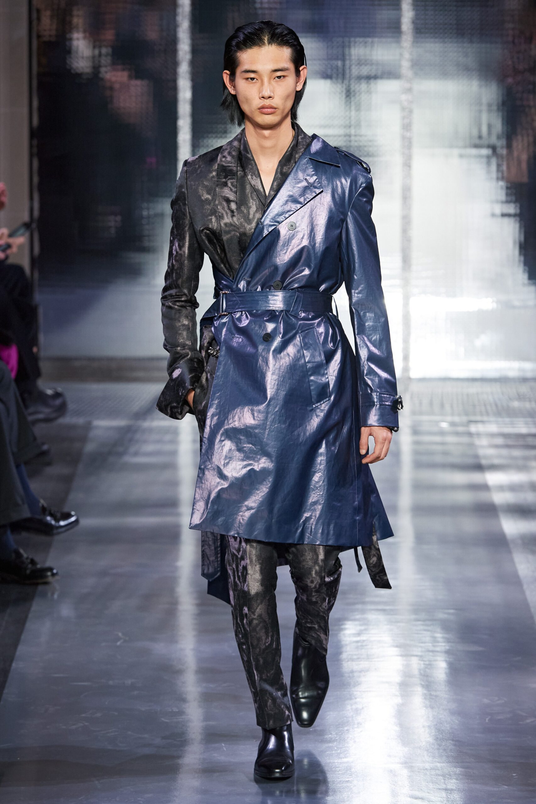 blue vinyl long-sleeve collared fitted belted shiny trench