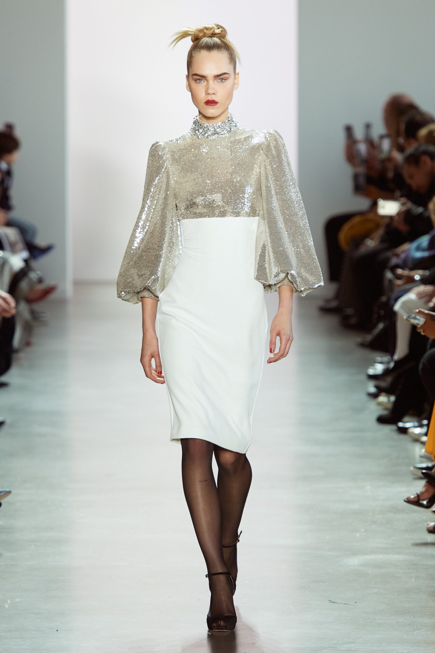 white sequin long-sleeve midi dress