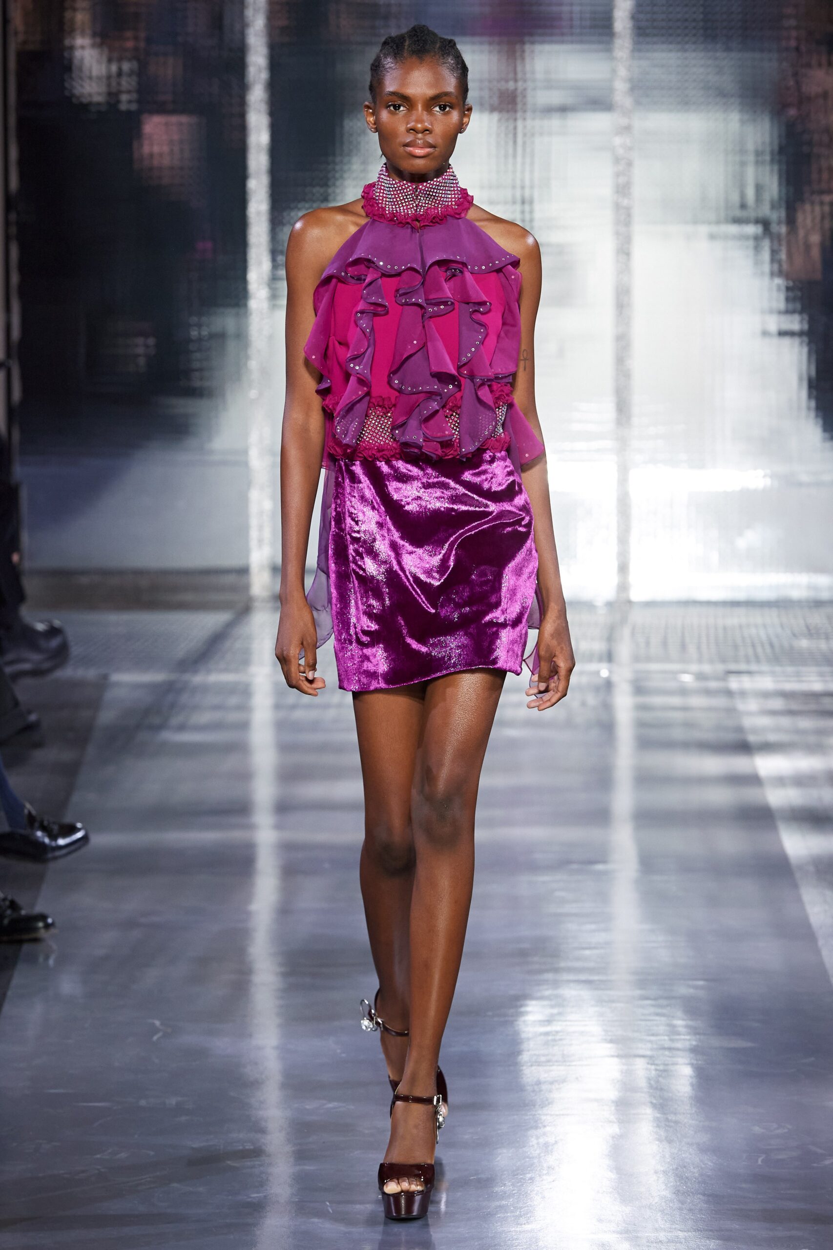 fitted purple silk top and velvet skirt