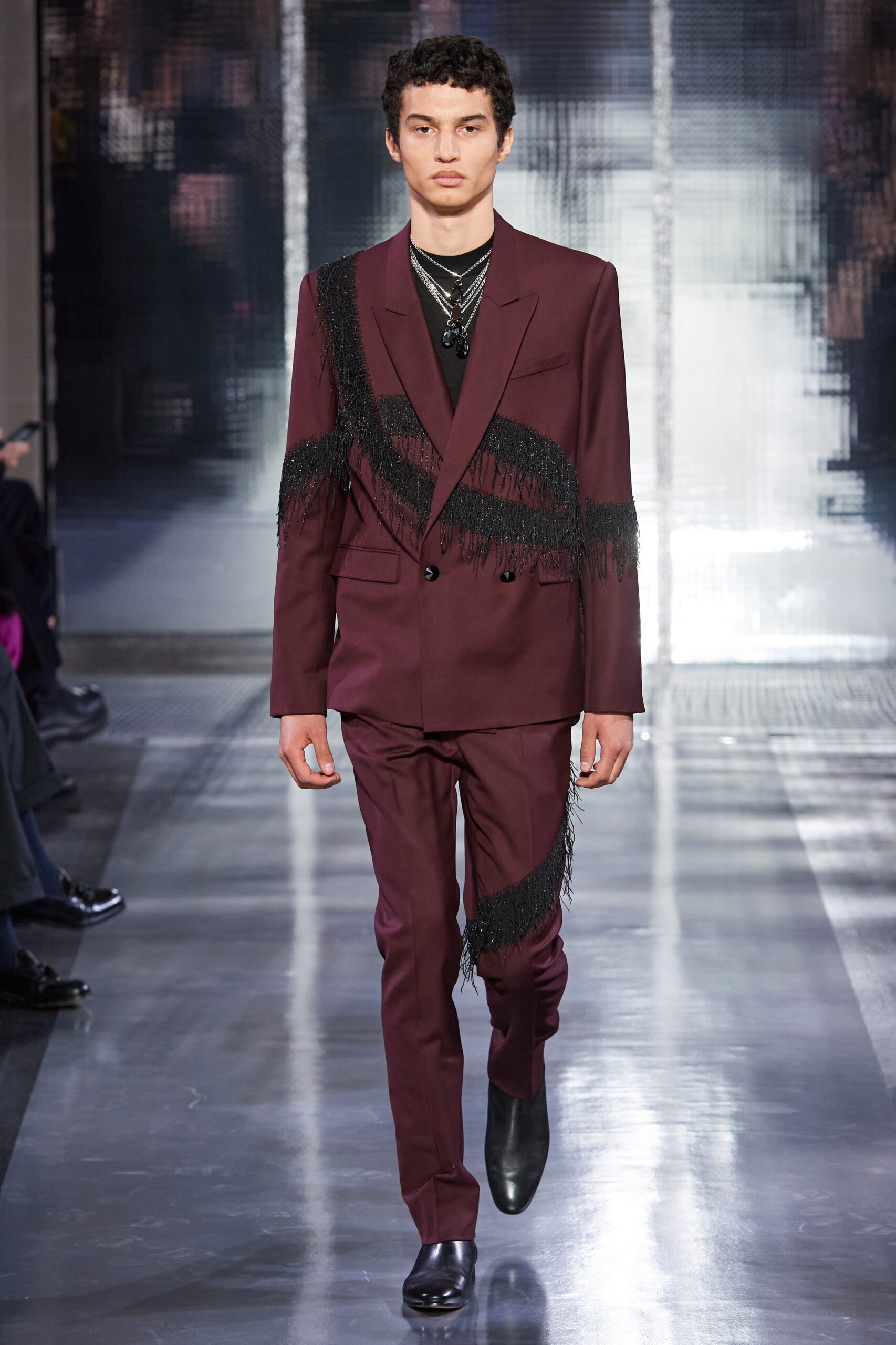 maroon tailored suit with fringe