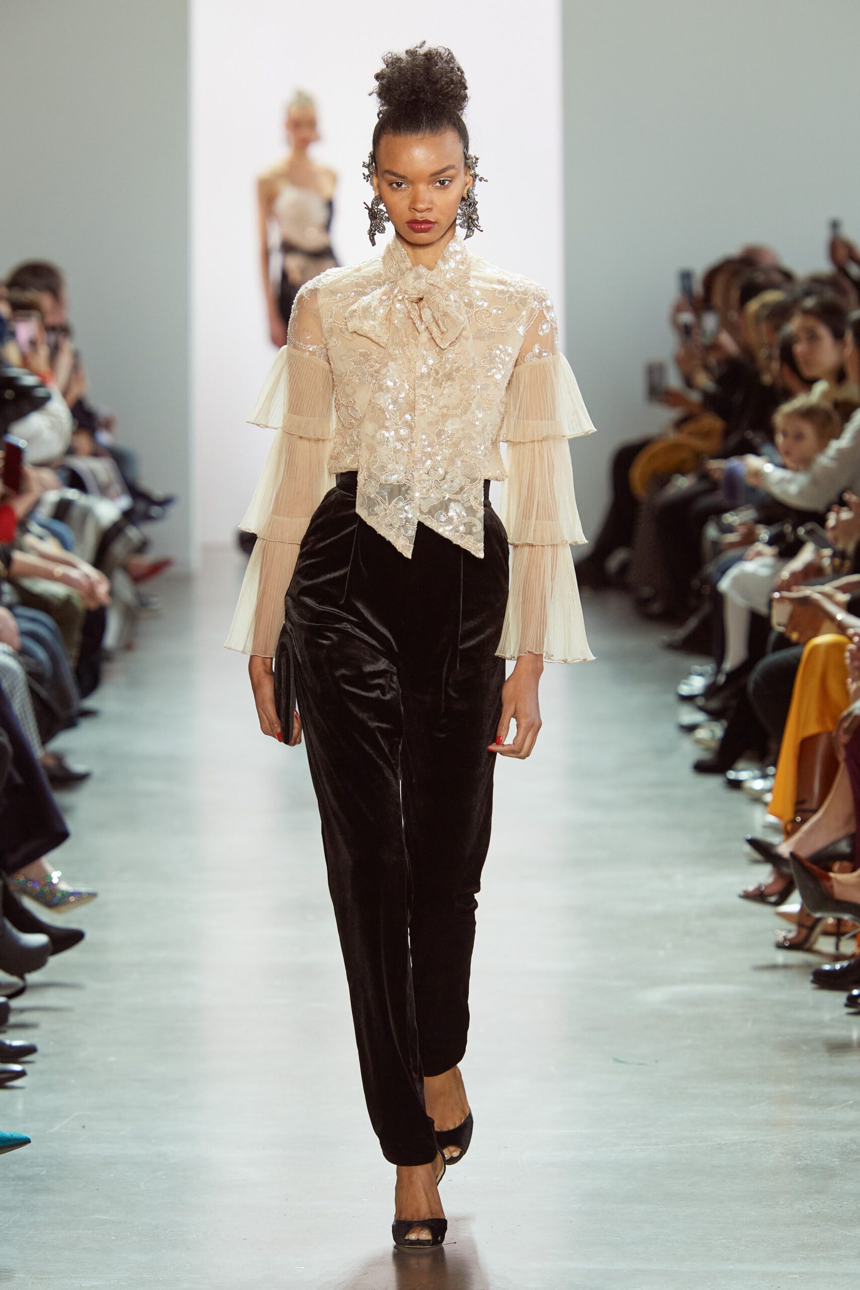 beige silk long-sleeve collared fitted ruffled sequined blouse