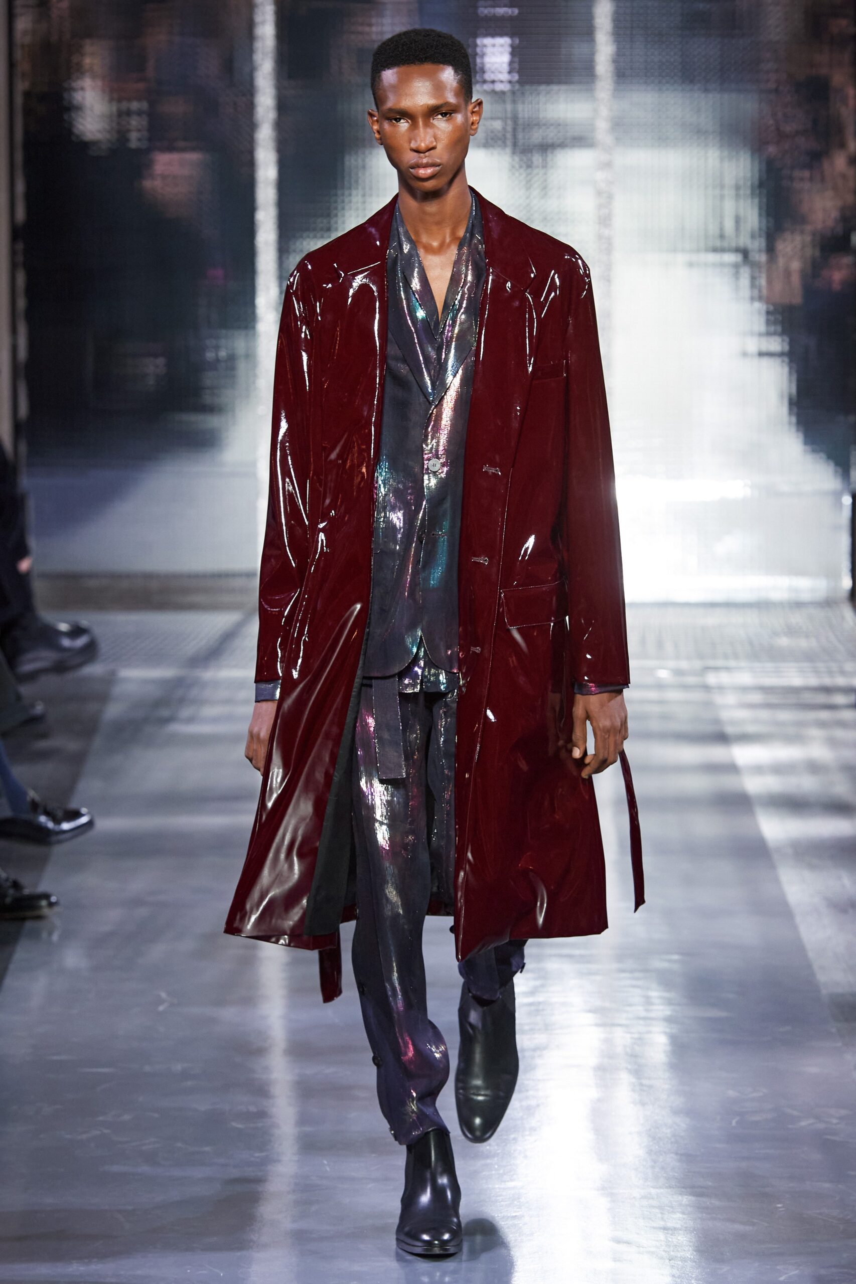 red vinyl coat and multi silk suit