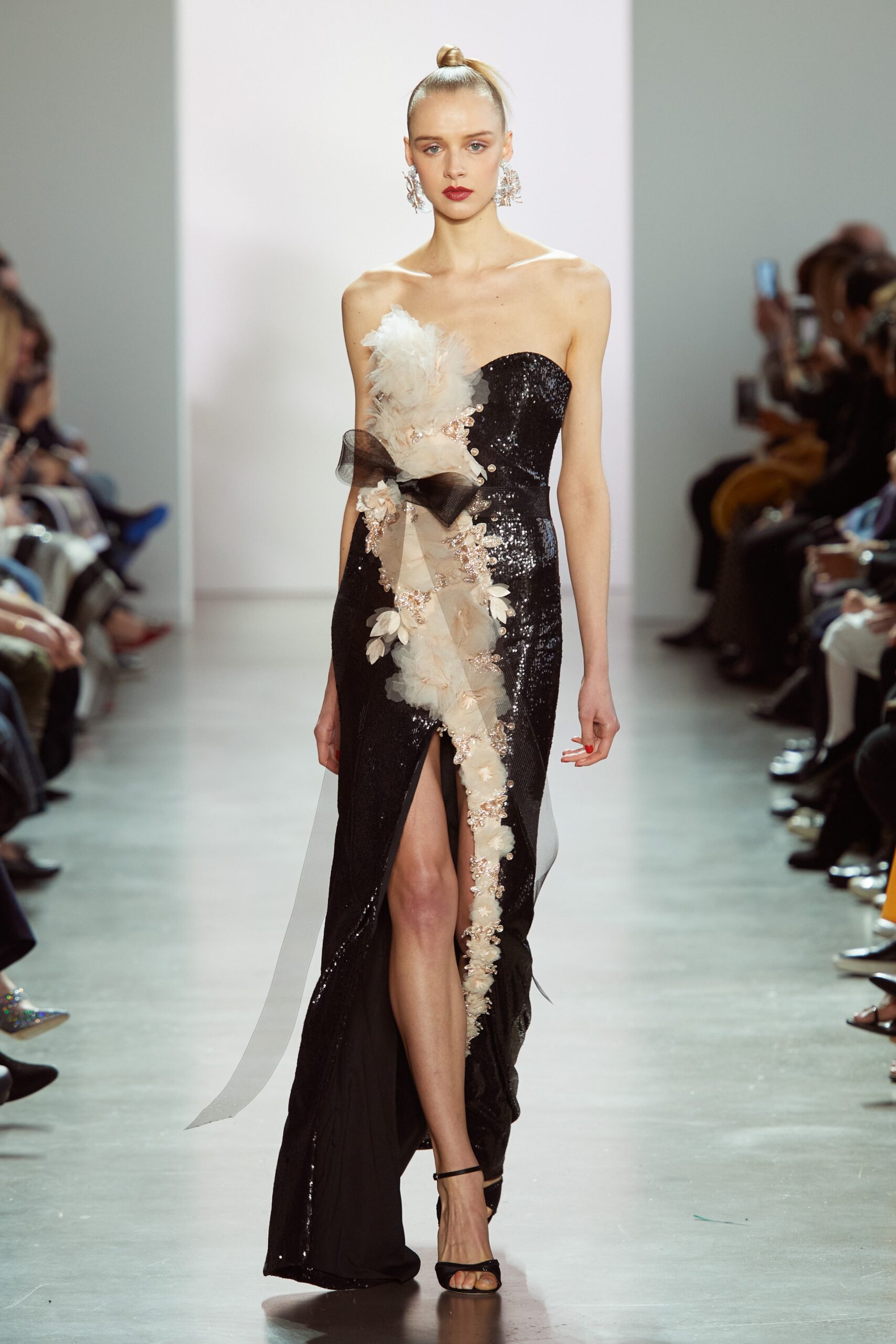 black silk strapless gown