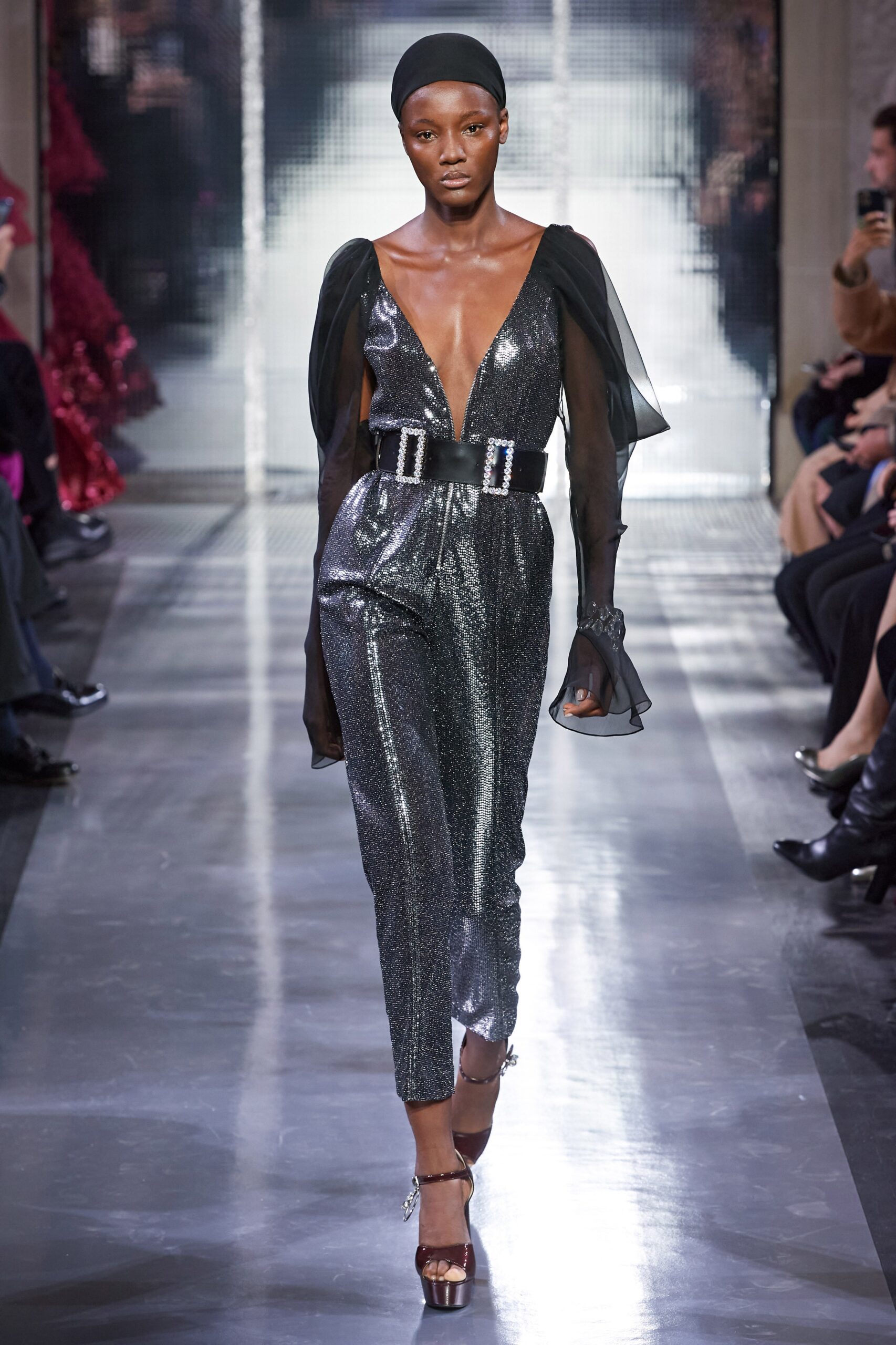 black metallic long-sleeve v-neck fitted zippered shiny jumpsuit