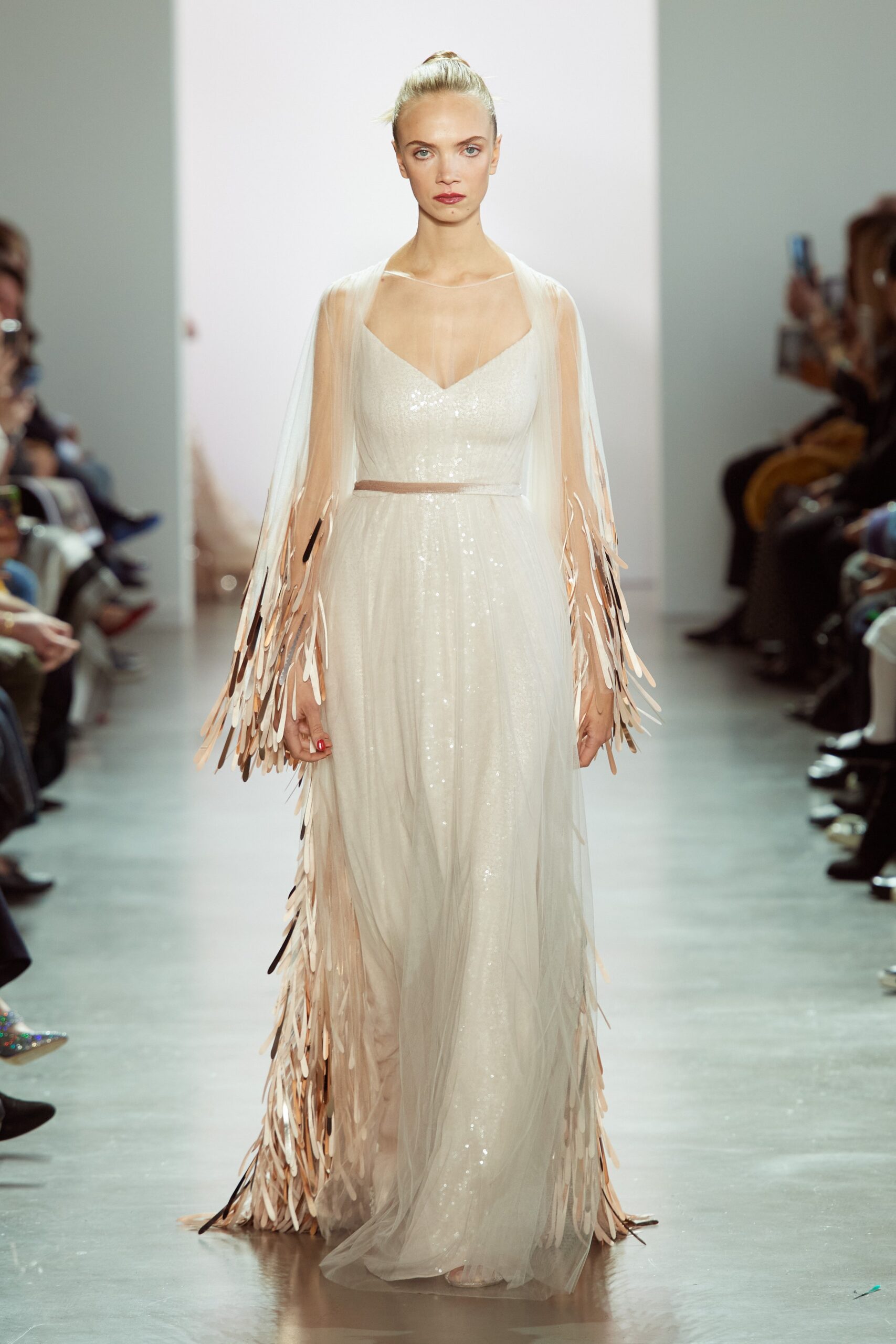 white sequin sleeveless v-neck fitted draped layered gown